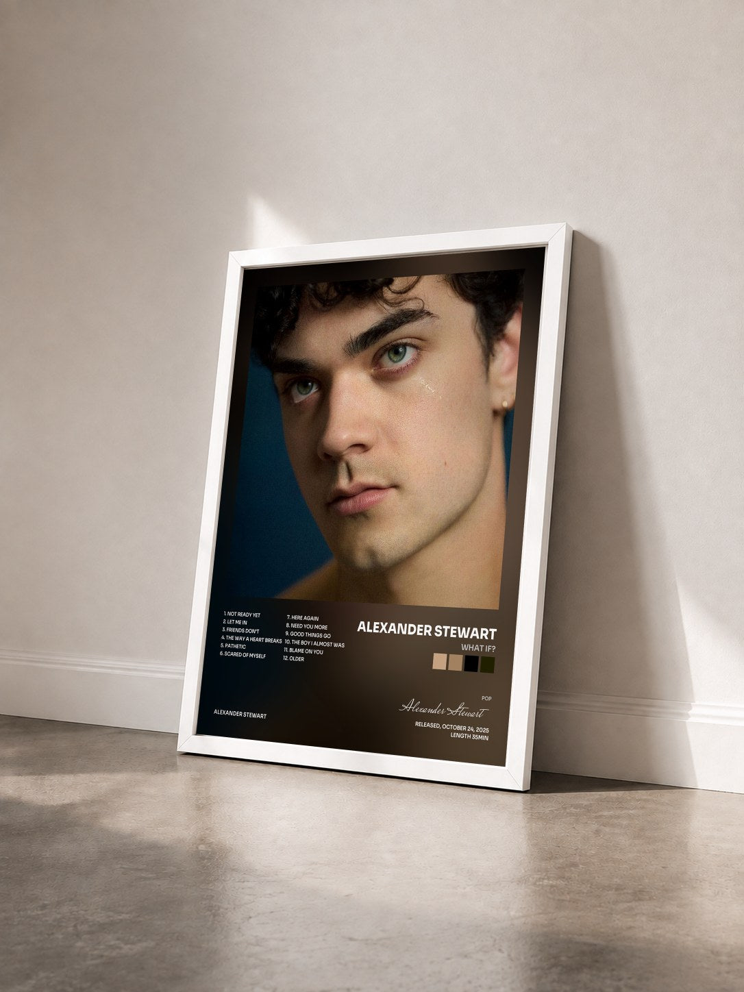 #blanc Tableau de l'album What If? de Alexander Stewart vu de trois quarts, cadre blanc