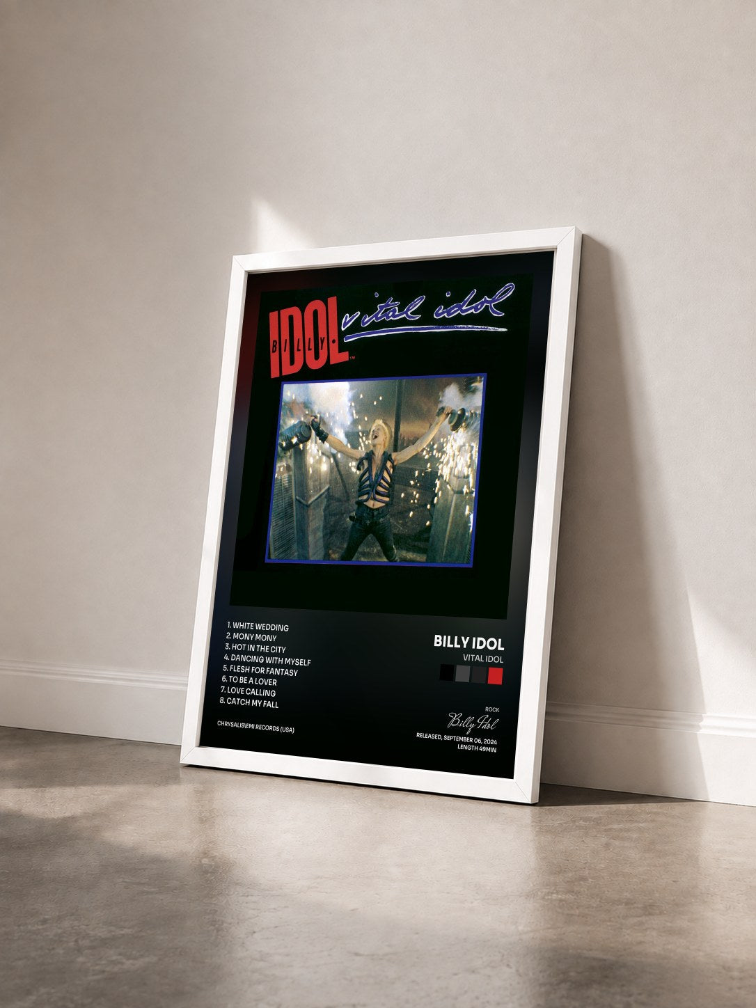 #blanc Tableau de l'album Vital Idol de Billy Idol vu de trois quarts, cadre blanc