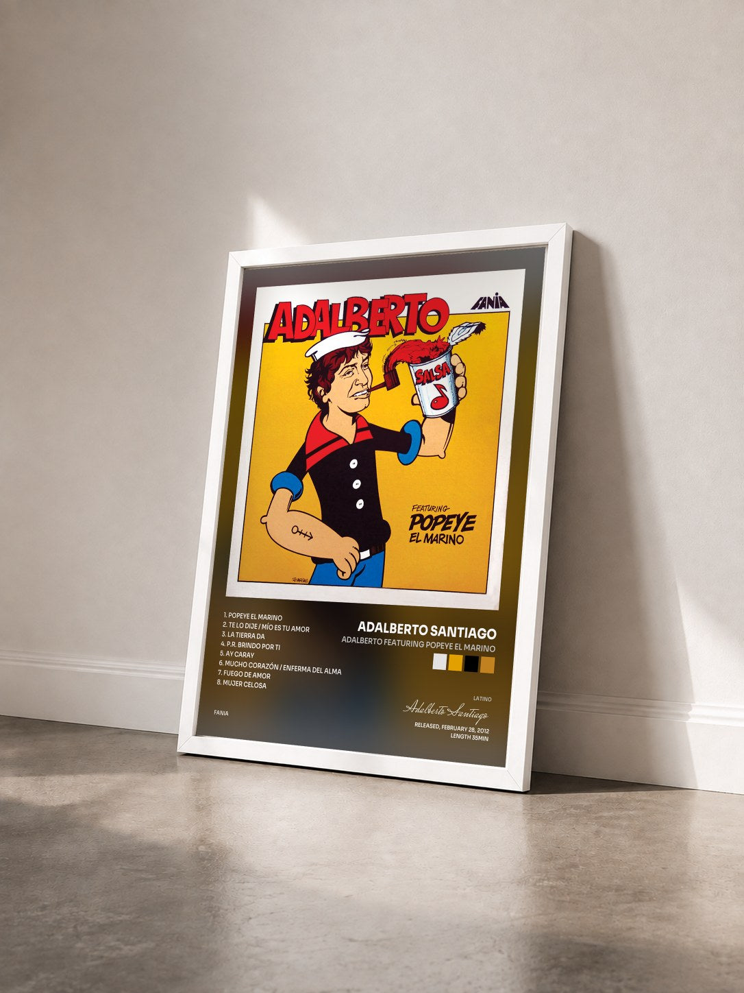 #blanc Tableau de l'album Adalberto Featuring Popeye El Marino de Adalberto Santiago vu de trois quarts, cadre blanc