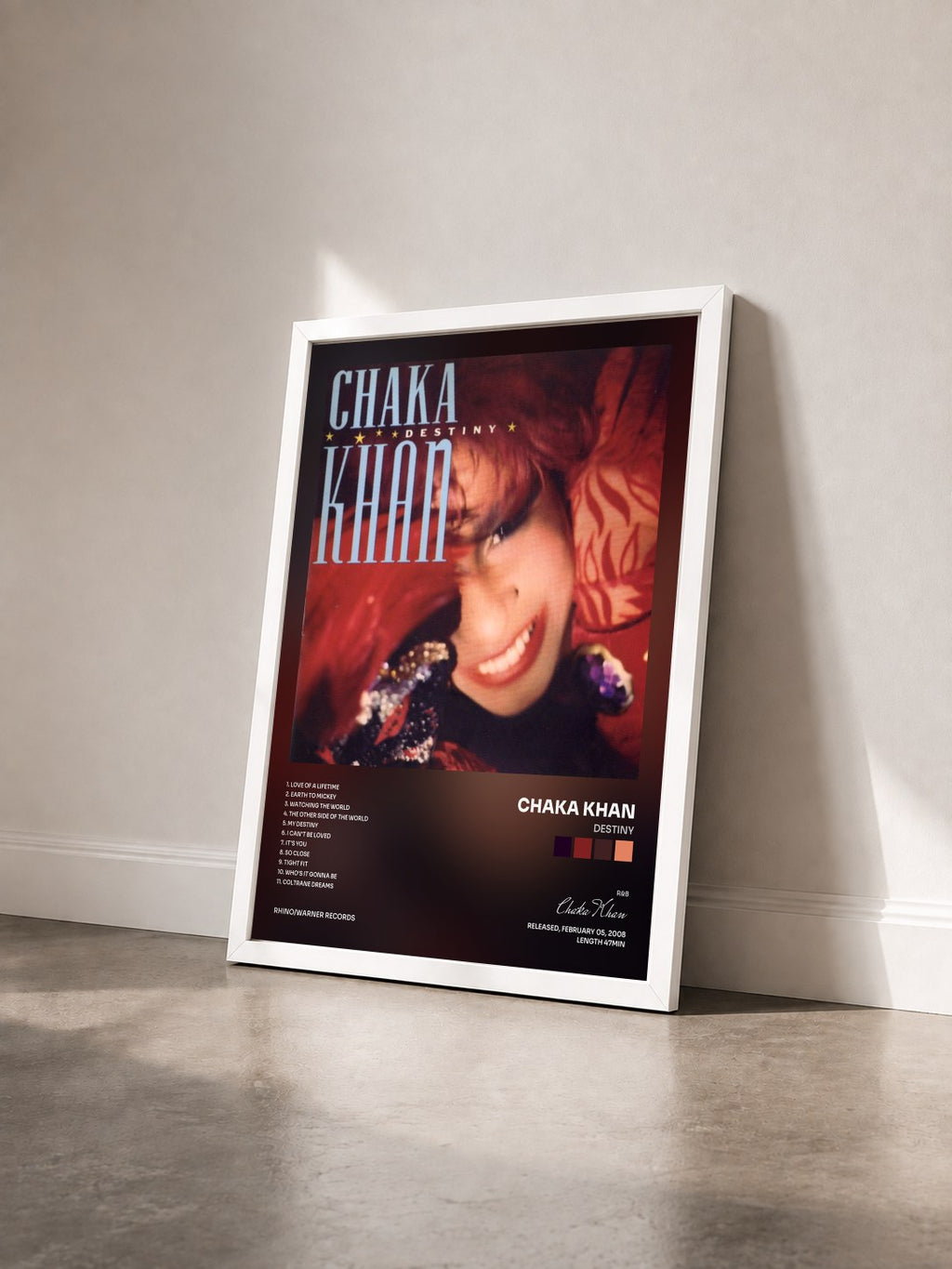 #blanc Destiny by Chaka Khan as a framed art print seen at an angle, white frame