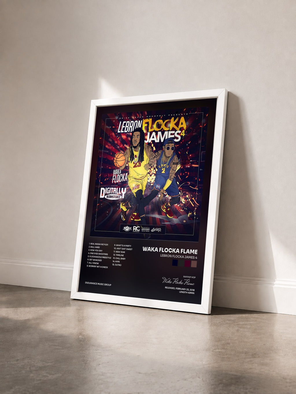 #blanc Tableau de l'album LeBron Flocka James 4 de Waka Flocka Flame vu de trois quarts, cadre blanc