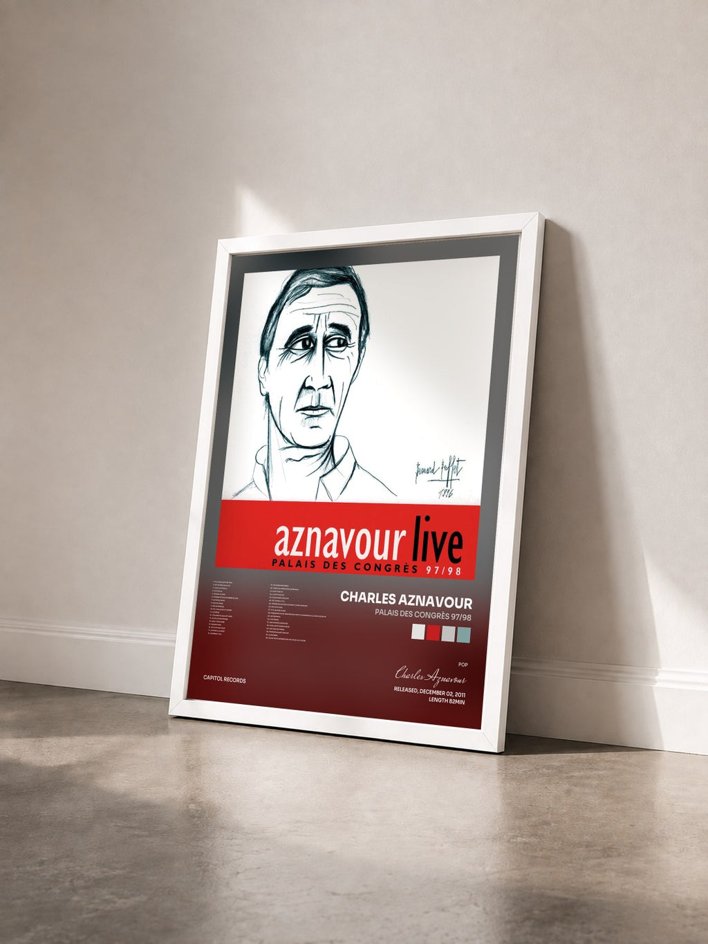 #blanc Tableau de l'album Palais des Congrès 97/98 de Charles Aznavour vu de trois quarts, cadre blanc
