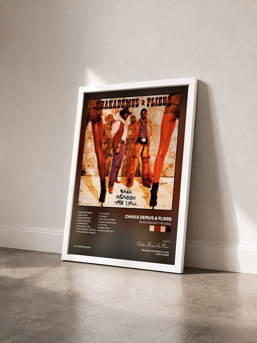 #blanc Tableau de l'album Back Against The Wall de Chaka Demus & Pliers vu de trois quarts, cadre blanc
