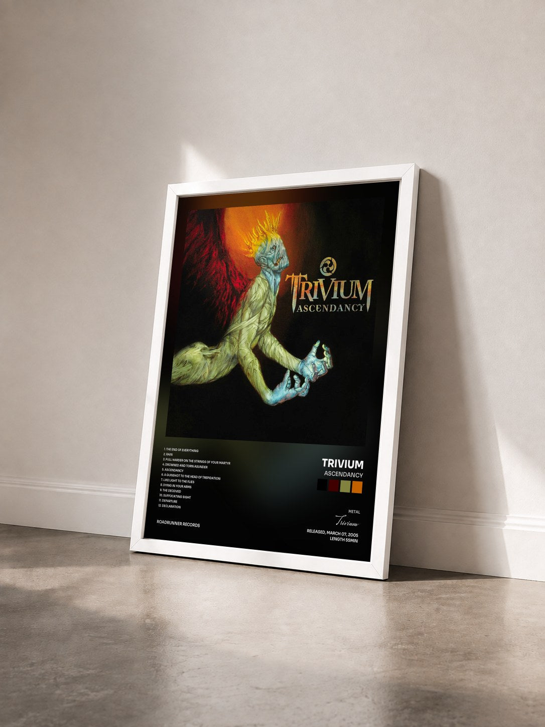 #blanc Ascendancy by Trivium as a framed art print seen at an angle, white frame