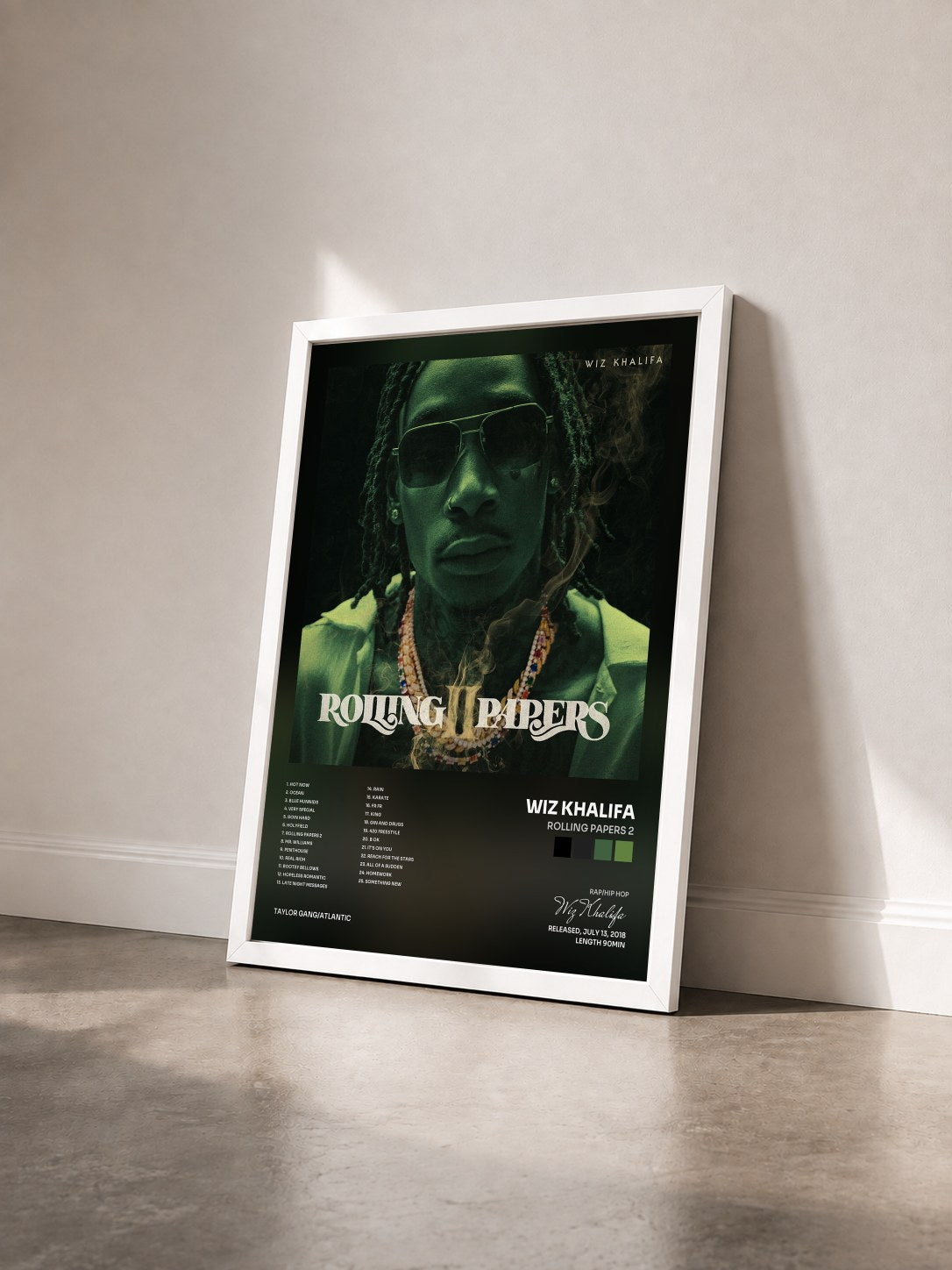 #blanc Rolling Papers 2 by Wiz Khalifa as a framed art print seen at an angle, white frame
