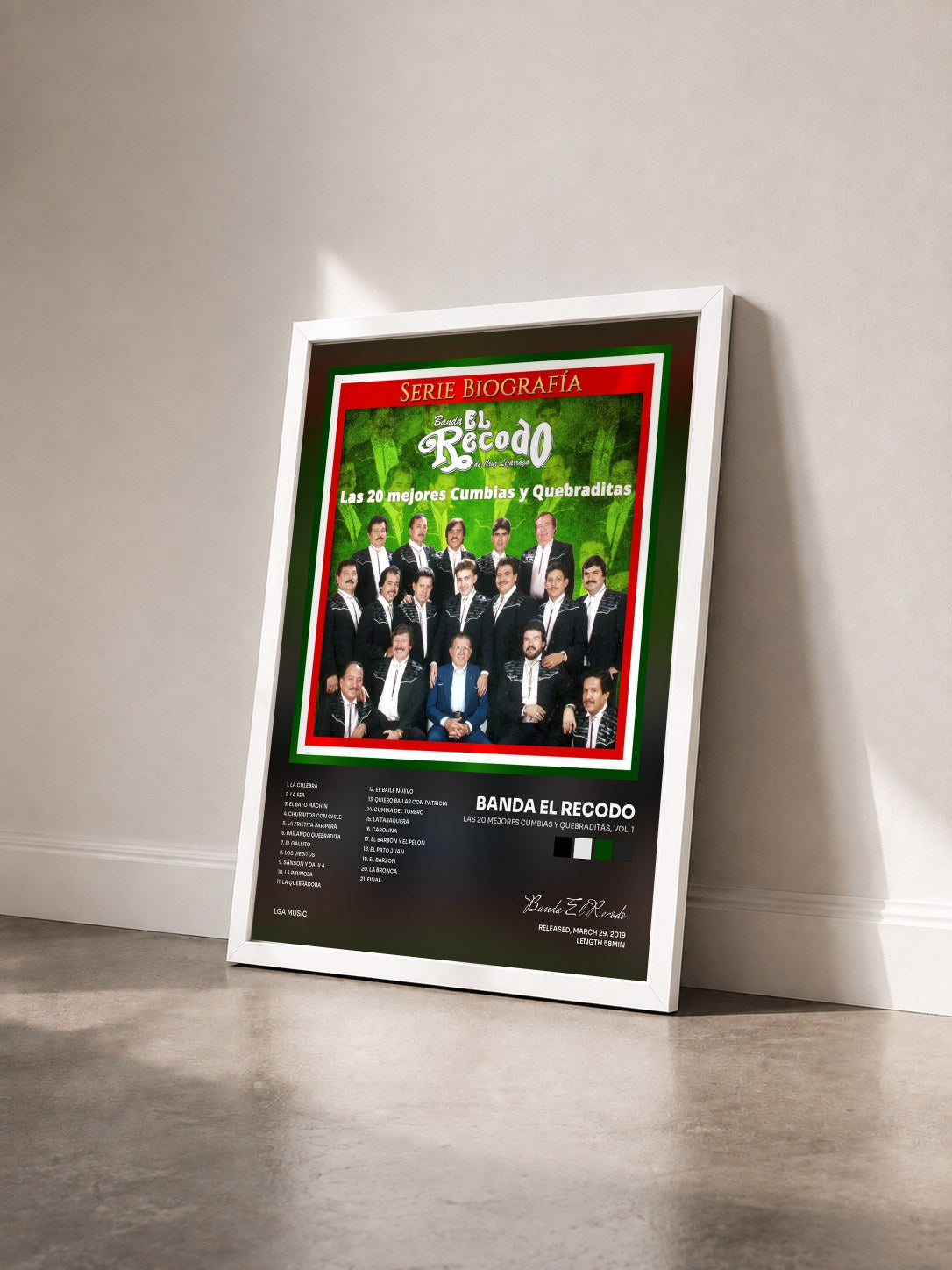 #blanc Tableau de l'album Las 20 Mejores Cumbias y Quebraditas, Vol. 1 de Banda El Recodo vu de trois quarts, cadre blanc