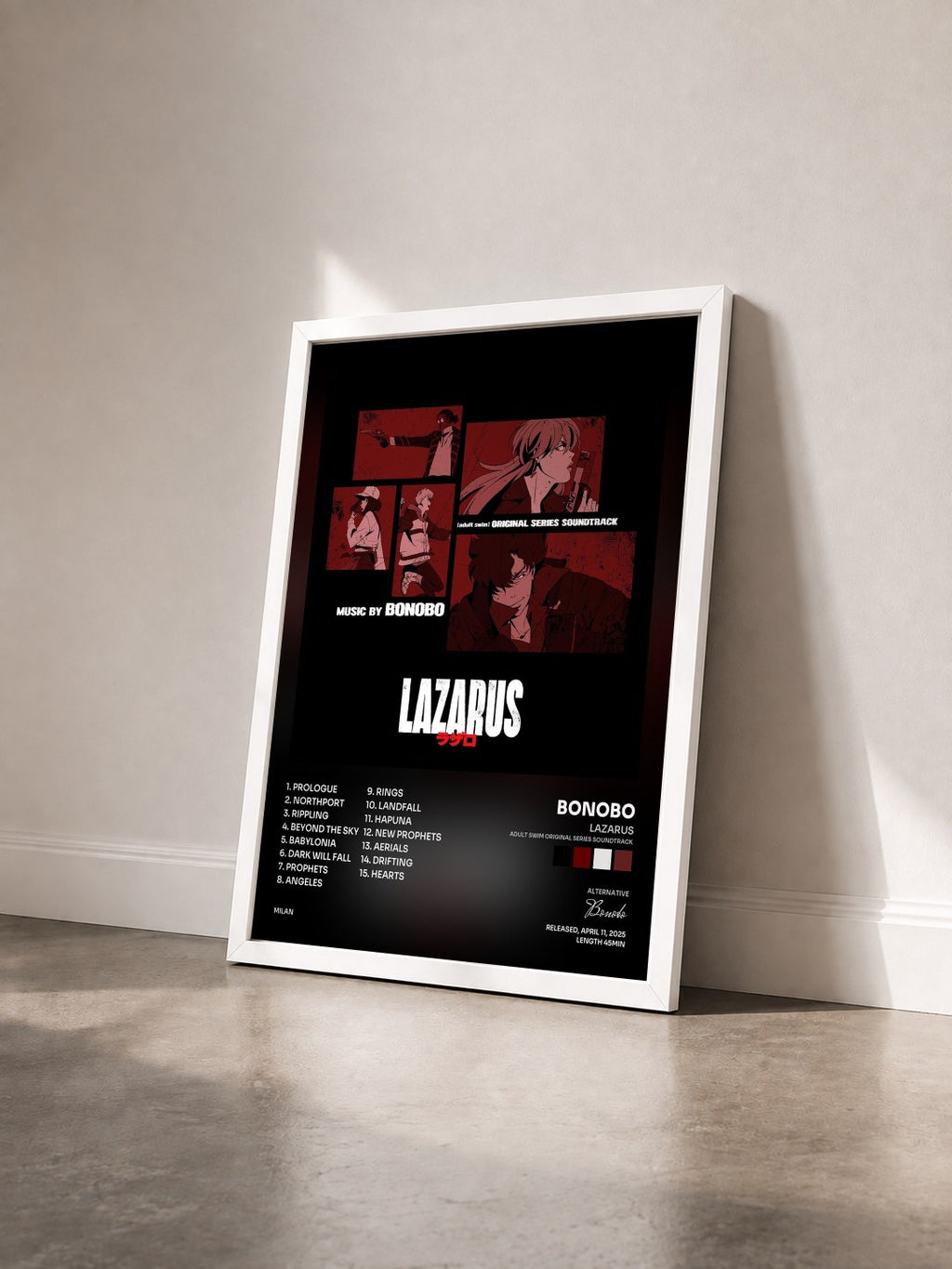 #blanc Lazarus (Adult Swim Original Series Soundtrack) di Bonobo in stampa incorniciata vista di tre quarti, cornice bianca