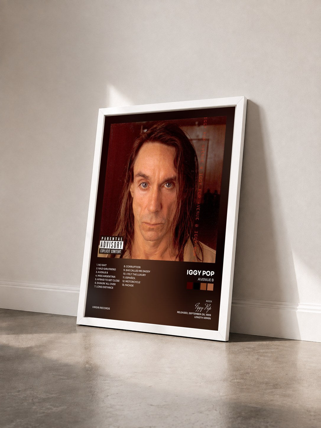 #blanc Tableau de l'album Avenue B de Iggy Pop vu de trois quarts, cadre blanc