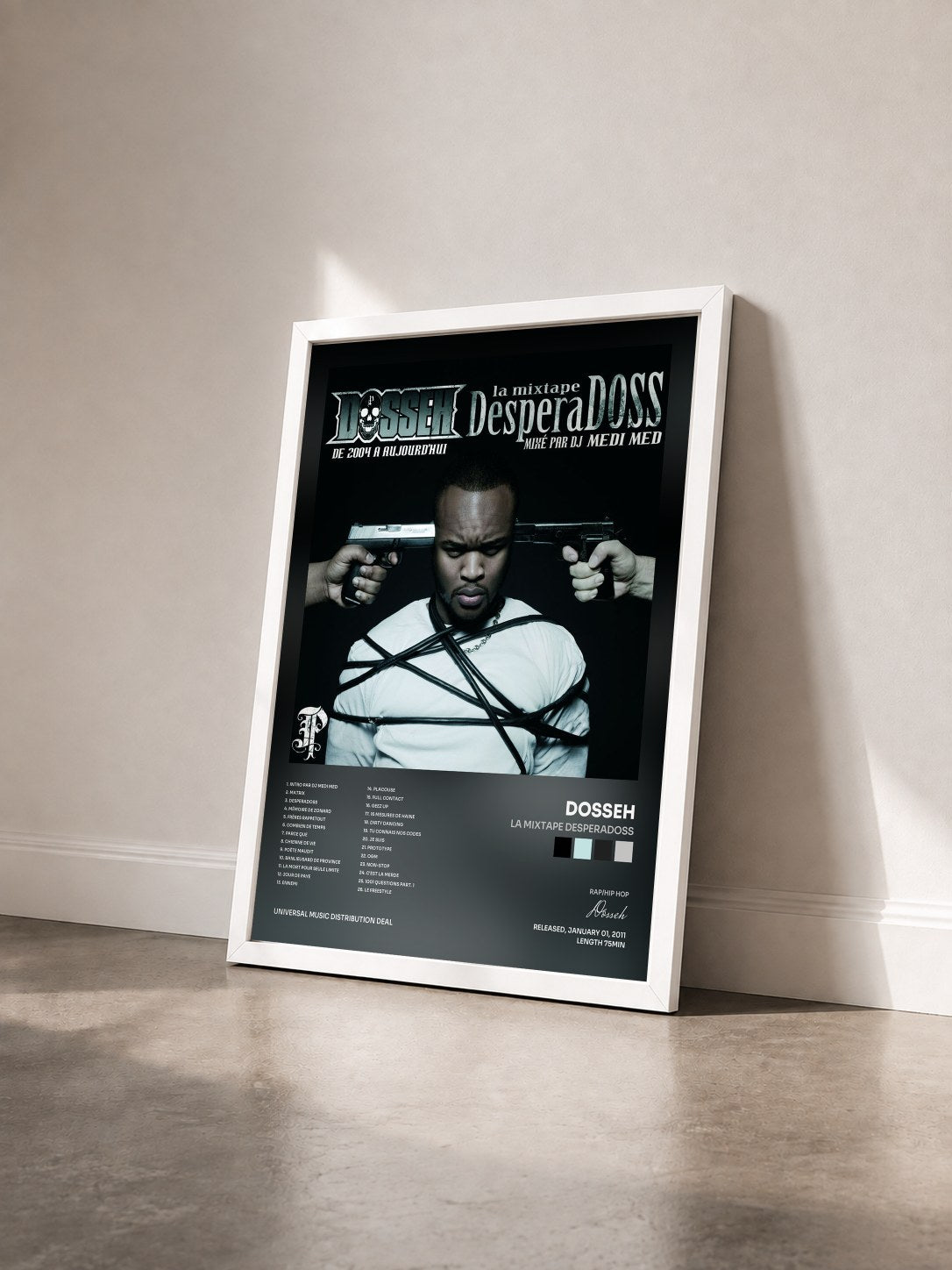 #blanc Tableau de l'album La Mixtape Desperadoss de Dosseh vu de trois quarts, cadre blanc