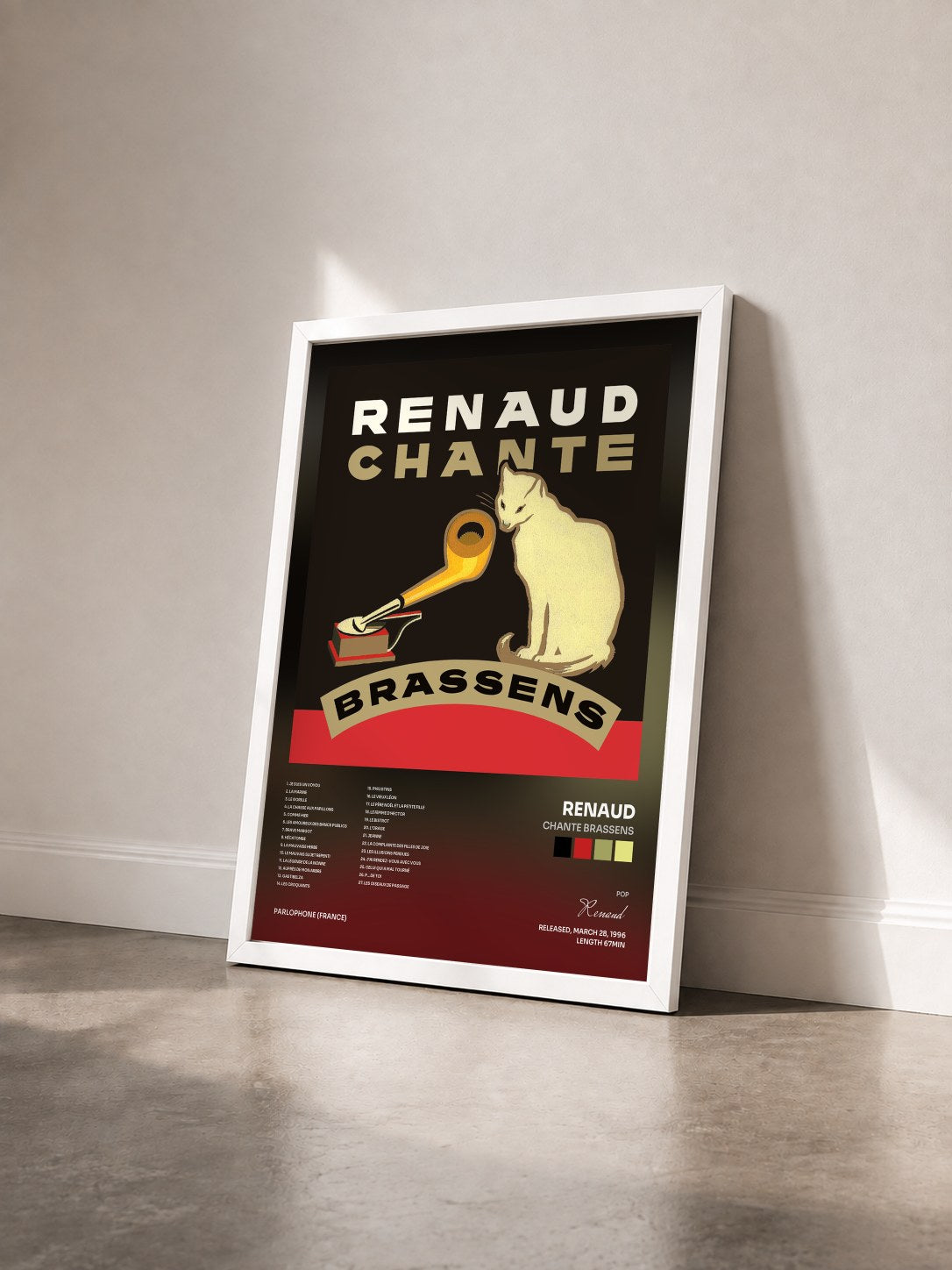 #blanc Tableau de l'album Chante Brassens de Renaud vu de trois quarts, cadre blanc