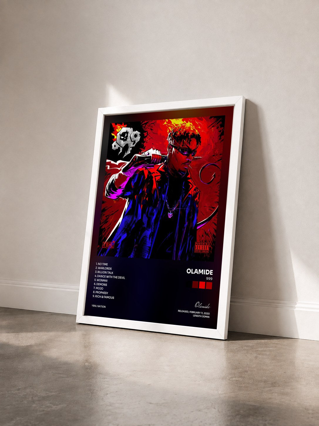 #blanc Tableau de l'album 999 de Olamide vu de trois quarts, cadre blanc