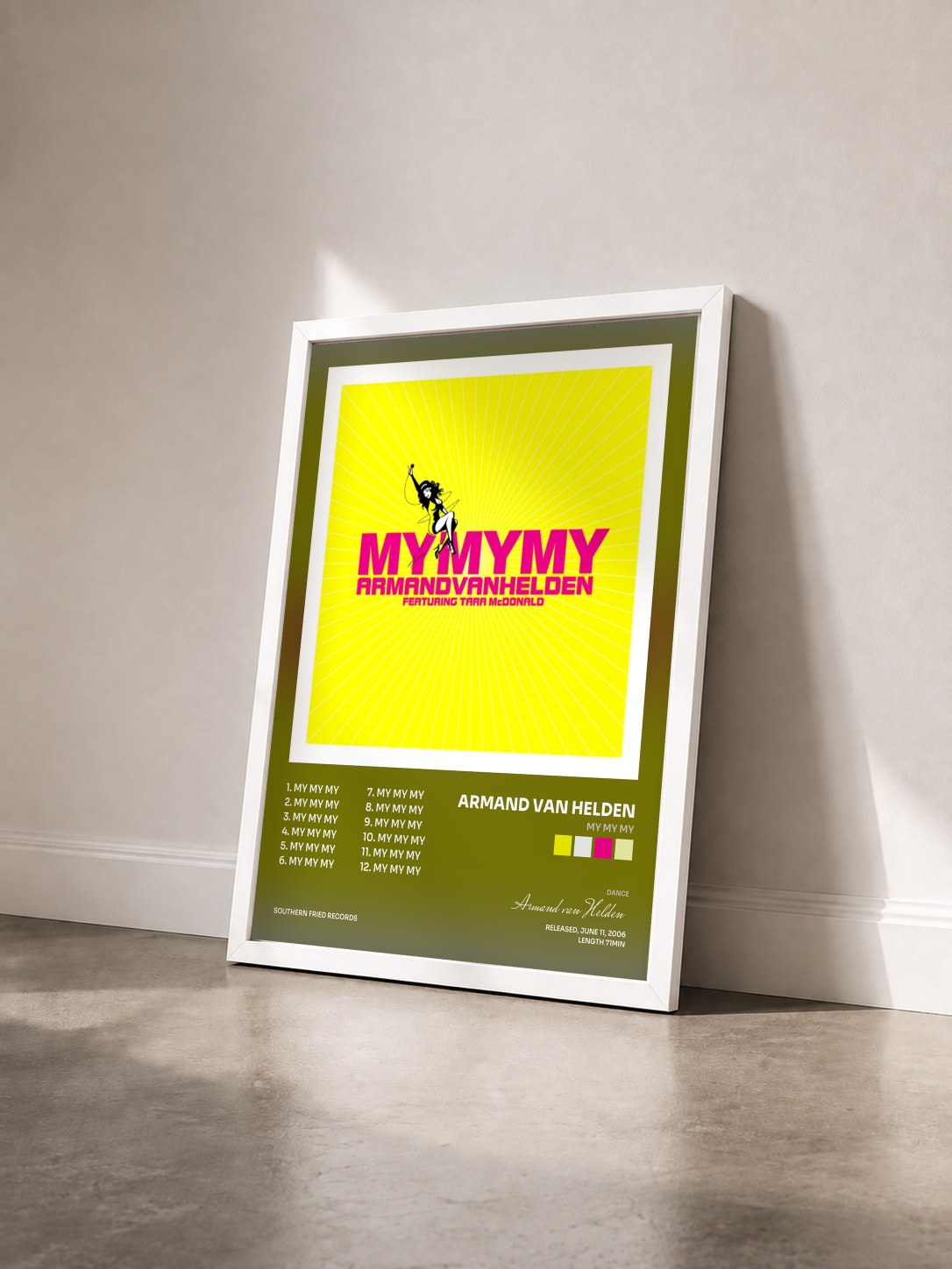 #blanc Tableau de l'album My My My de Armand van Helden vu de trois quarts, cadre blanc