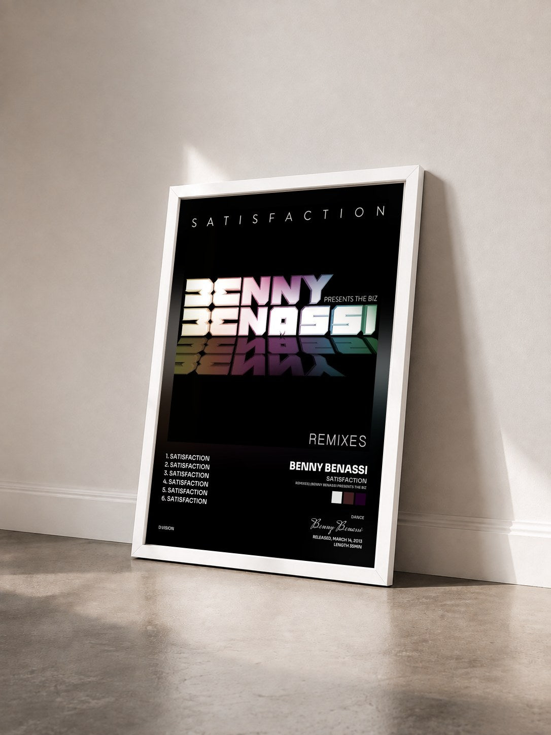 #blanc Tableau de l'album Satisfaction (Remixes) (Benny Benassi Presents The Biz) de Benny Benassi vu de trois quarts, cadre blanc