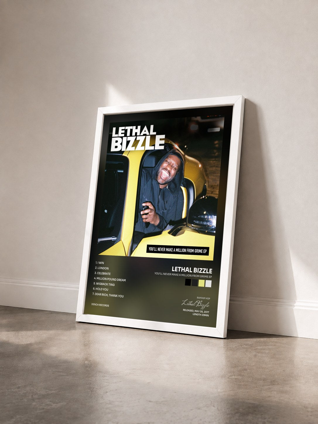 #blanc Tableau de l'album You'll Never Make a Million from Grime EP de Lethal Bizzle vu de trois quarts, cadre blanc