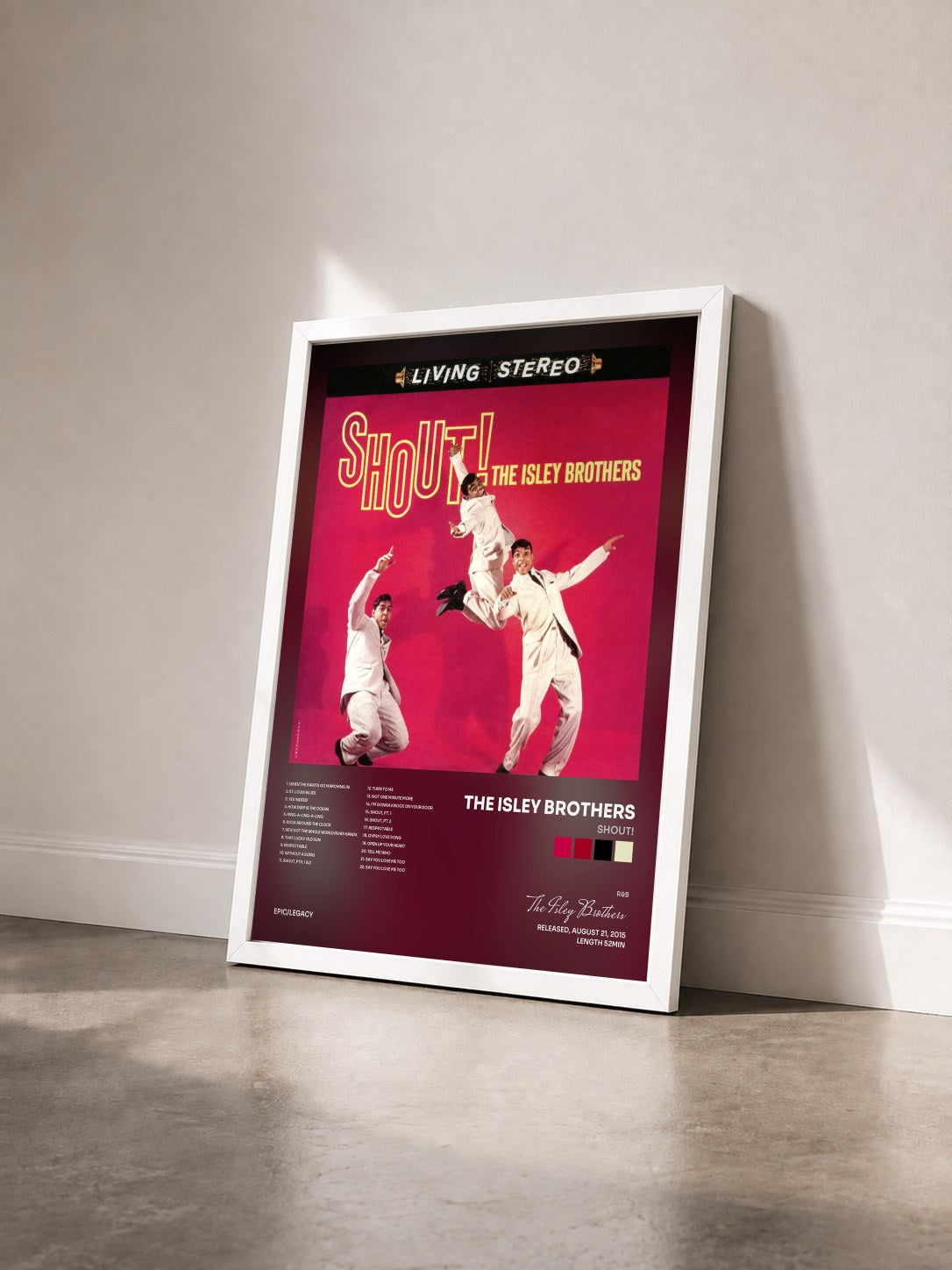#blanc Tableau de l'album Shout! de The Isley Brothers vu de trois quarts, cadre blanc