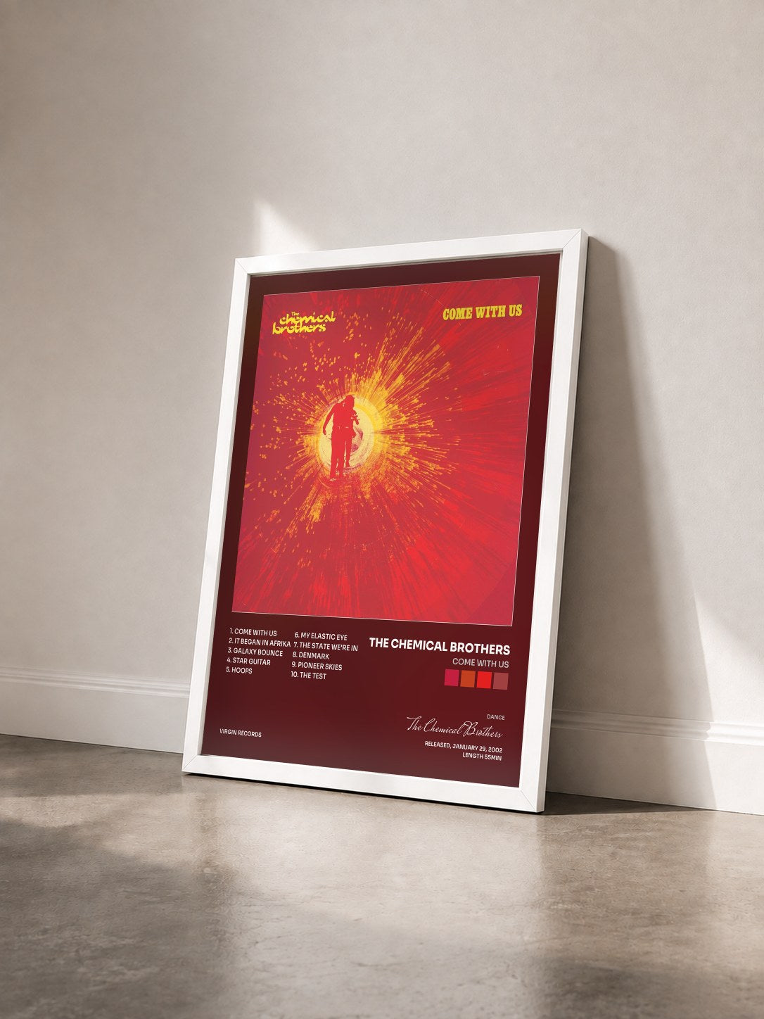 #blanc Tableau de l'album Come With Us de The Chemical Brothers vu de trois quarts, cadre blanc