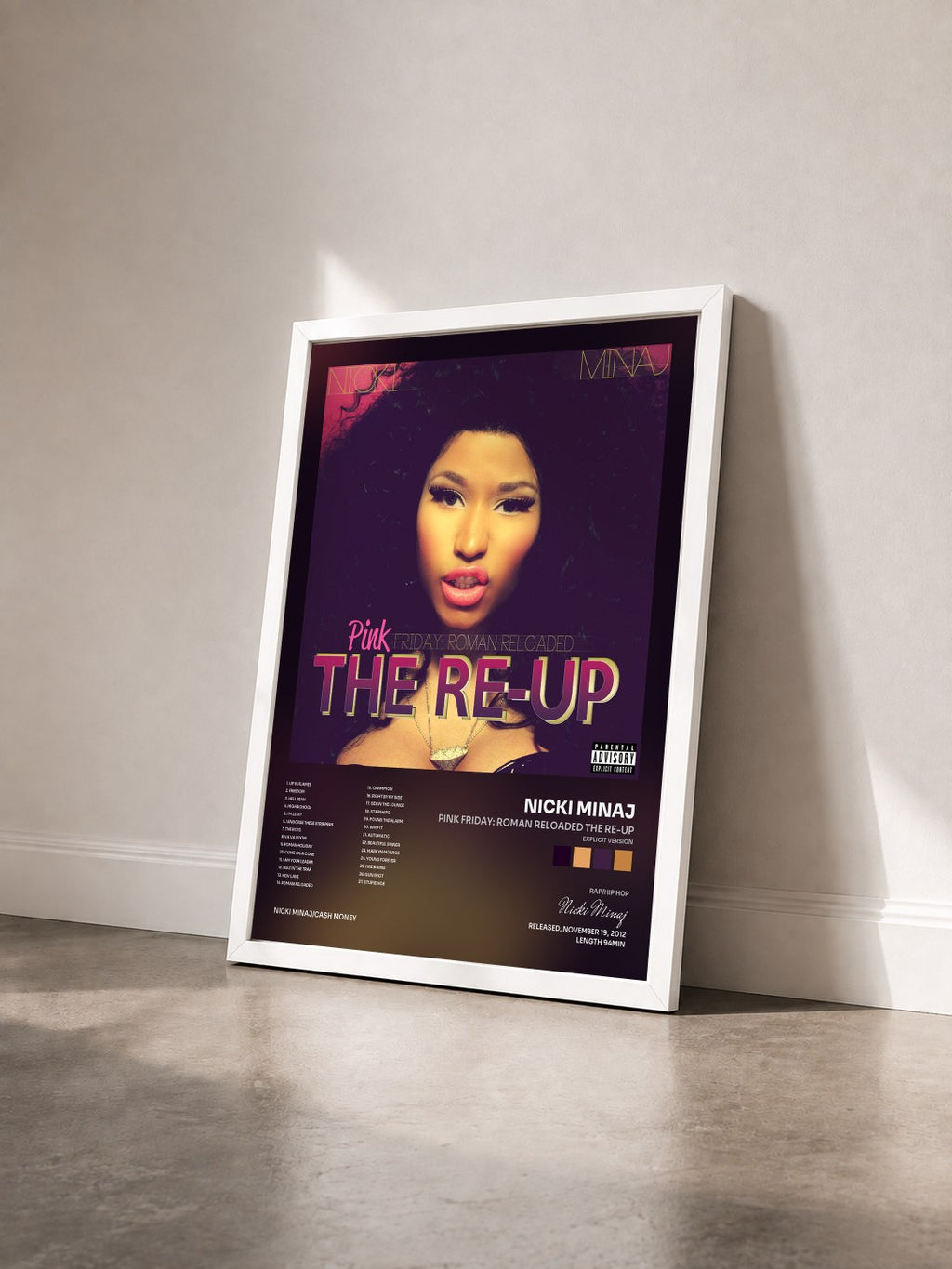 #blanc Pink Friday: Roman Reloaded The Re-Up (Explicit Version) by Nicki Minaj as a framed art print seen at an angle, white frame