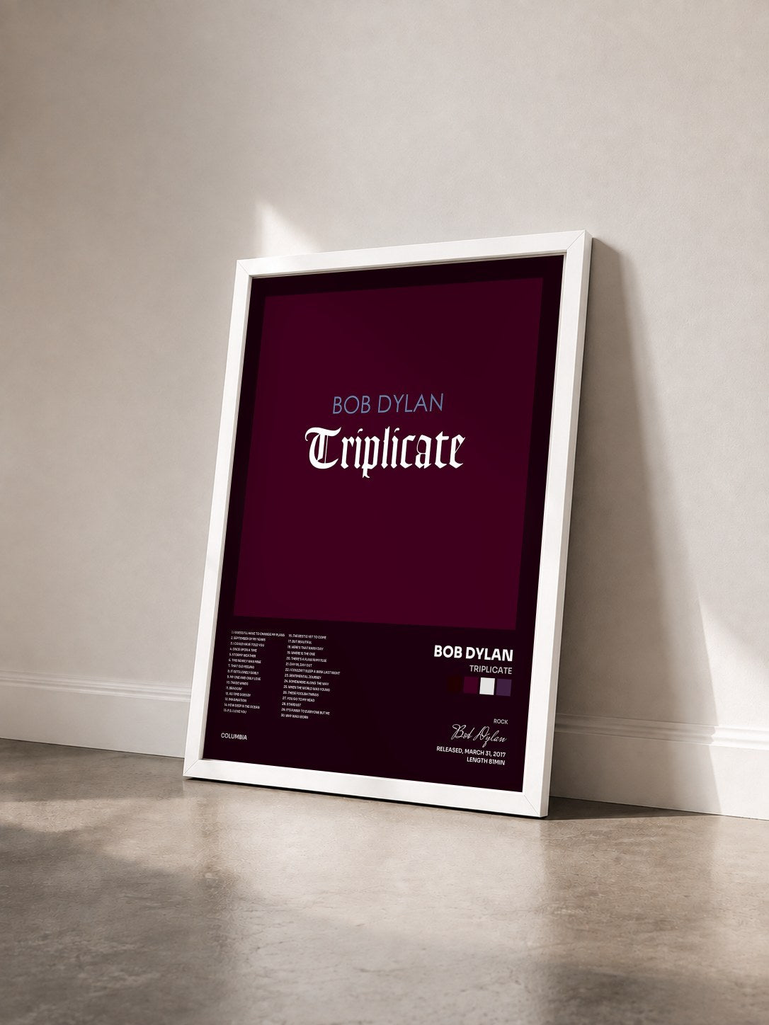 #blanc Tableau de l'album Triplicate de Bob Dylan vu de trois quarts, cadre blanc