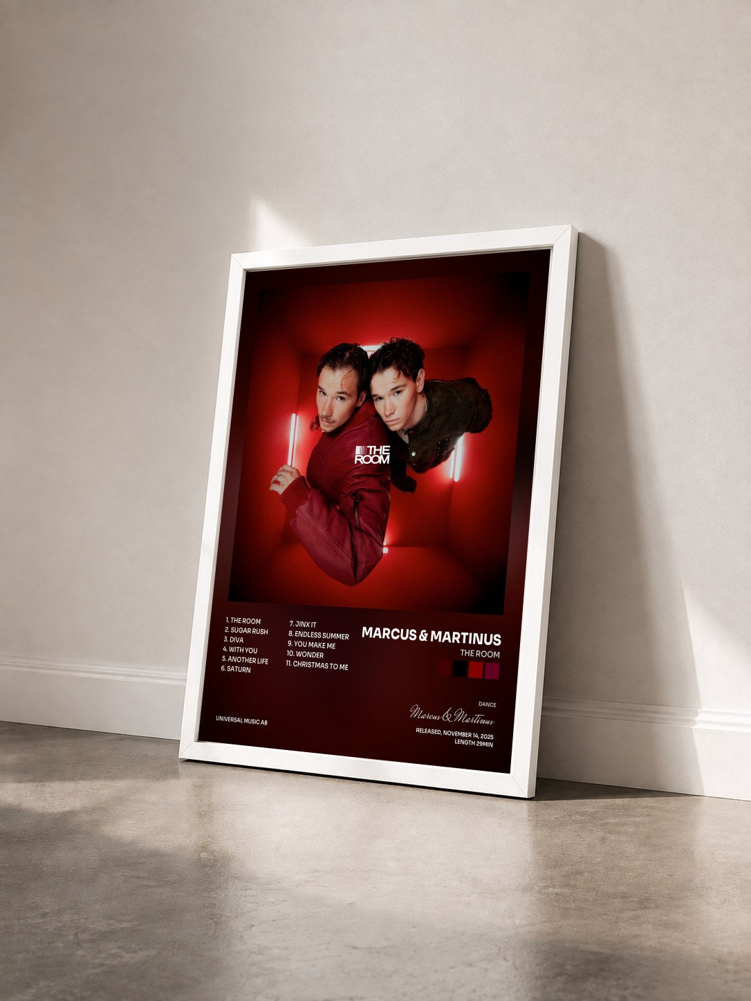 #blanc Tableau de l'album The Room de Marcus & Martinus vu de trois quarts, cadre blanc