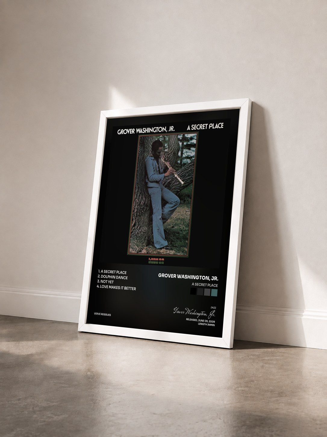 #blanc Tableau de l'album A Secret Place de Grover Washington, Jr. vu de trois quarts, cadre blanc