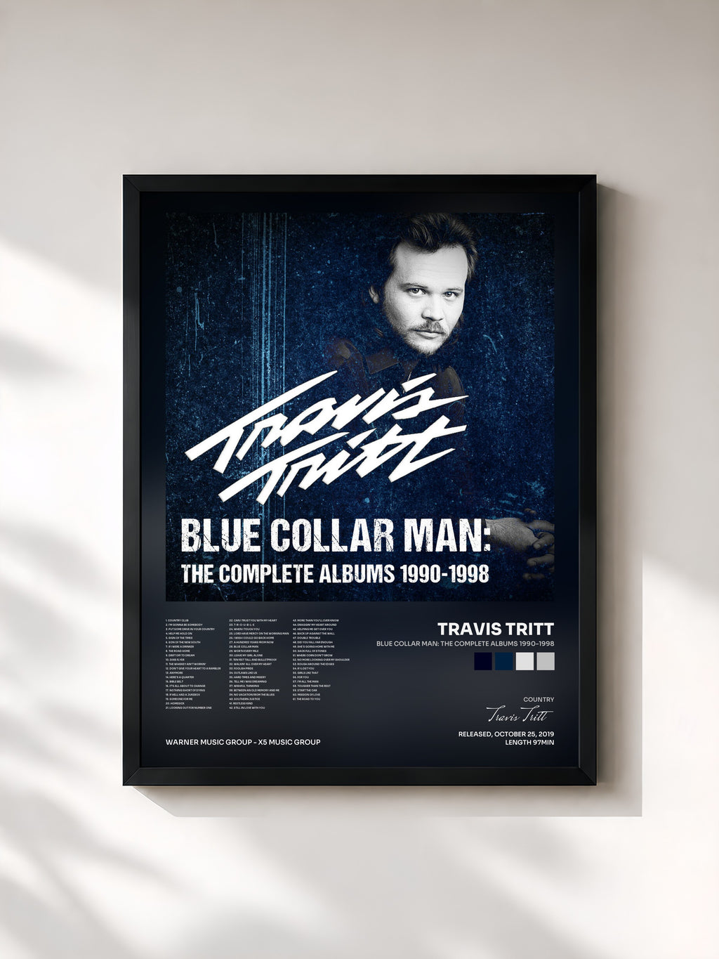 #noir Tableau de l'album Blue Collar Man: The Complete Albums 1990-1998 de Travis Tritt, cadre noir, imprimé et encadré en France