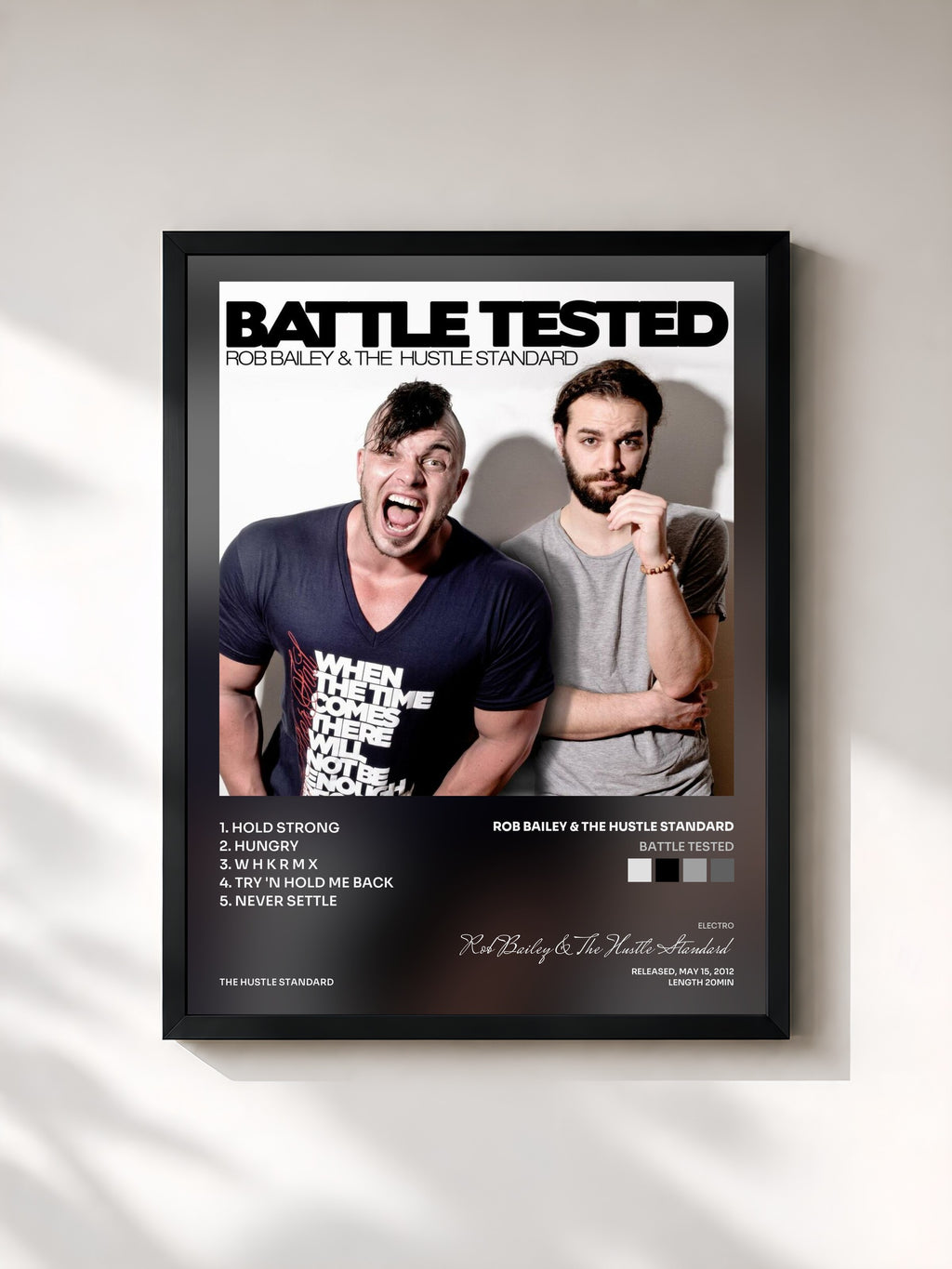 #noir Tableau de l'album Battle Tested de Rob Bailey & The Hustle Standard, cadre noir, imprimé et encadré en France