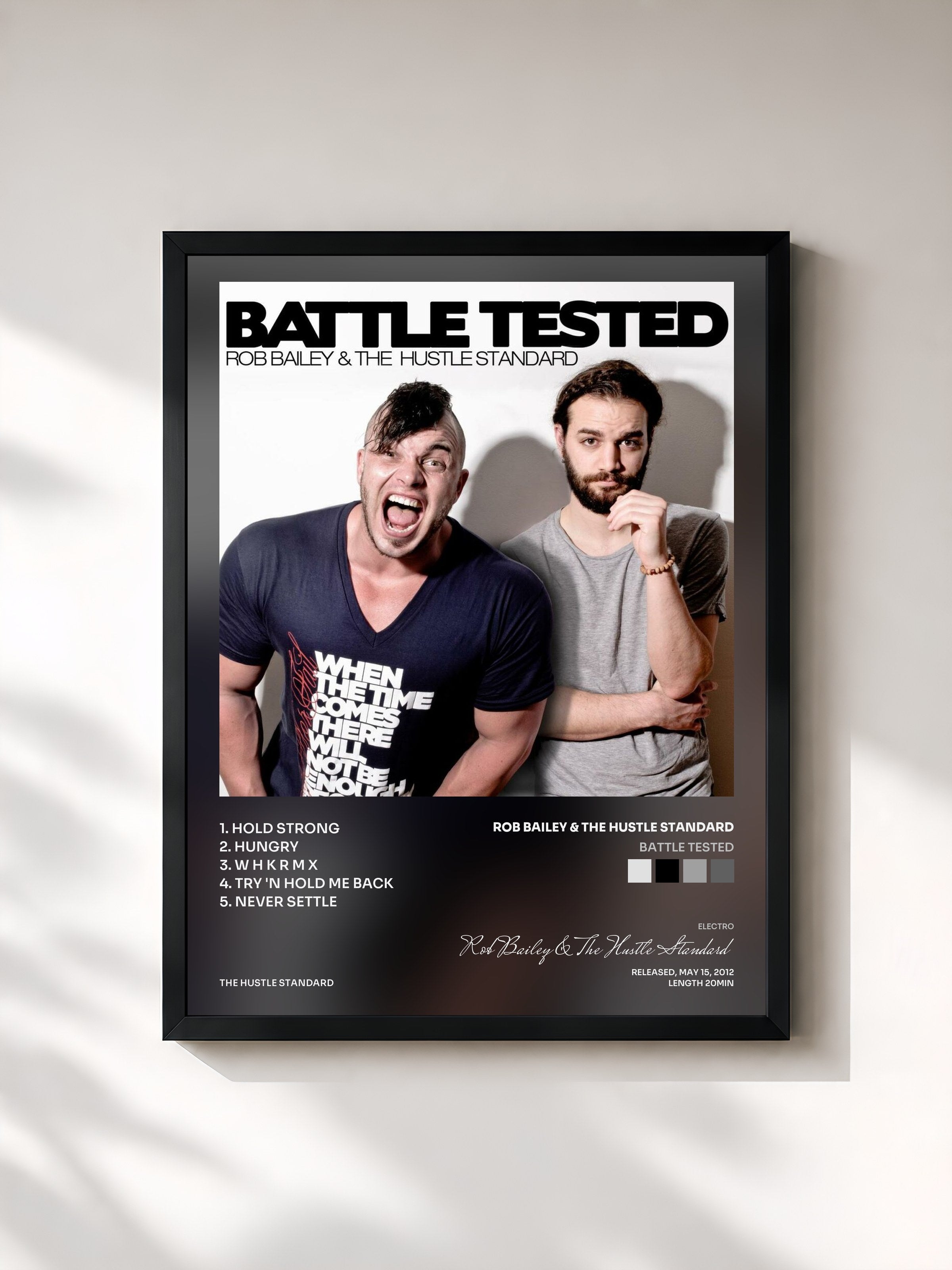 #noir Tableau de l'album Battle Tested de Rob Bailey & The Hustle Standard, cadre noir, imprimé et encadré en France