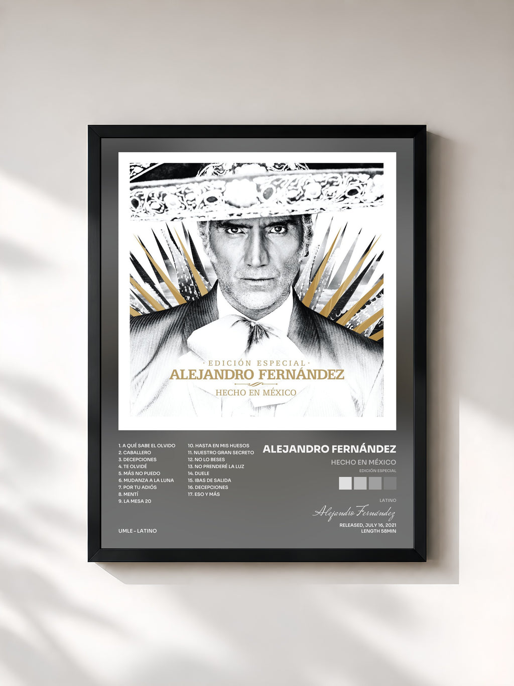 #noir Tableau de l'album Hecho En México (Edición Especial) de Alejandro Fernández, cadre noir, imprimé et encadré en France