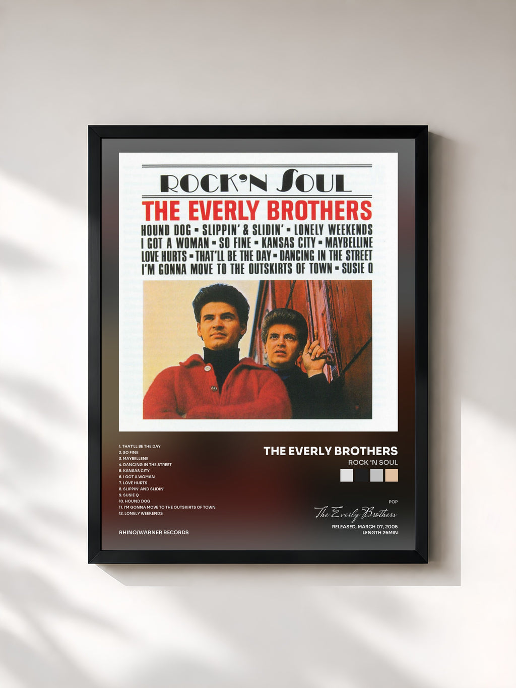#noir Tableau de l'album Rock 'n Soul de The Everly Brothers, cadre noir, imprimé et encadré en France