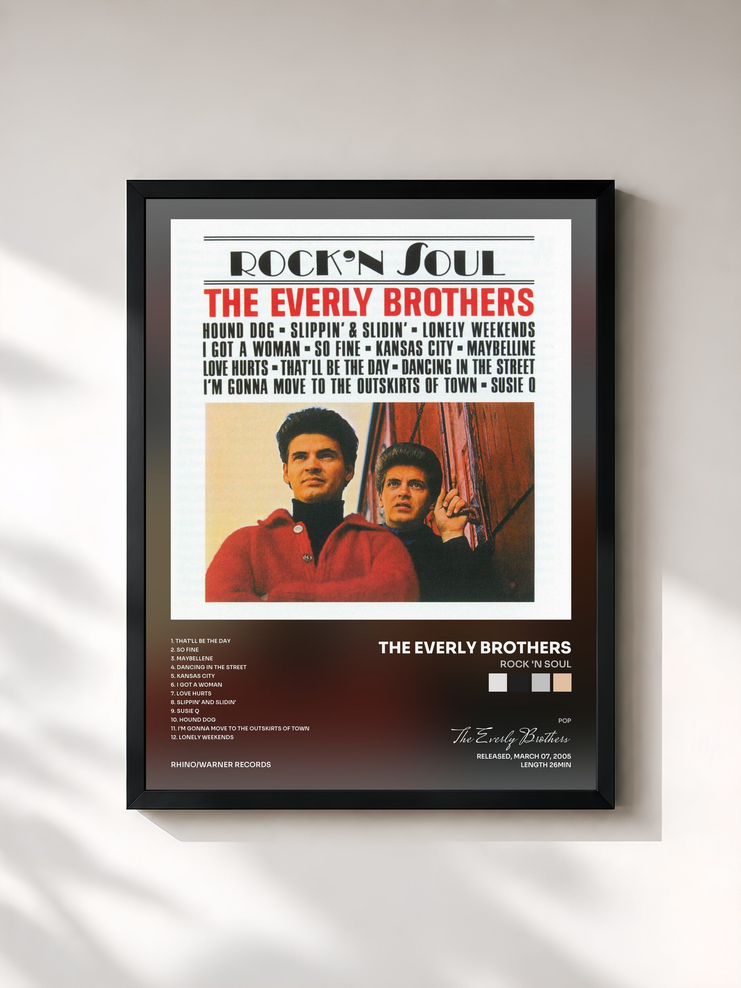 #noir Tableau de l'album Rock 'n Soul de The Everly Brothers, cadre noir, imprimé et encadré en France