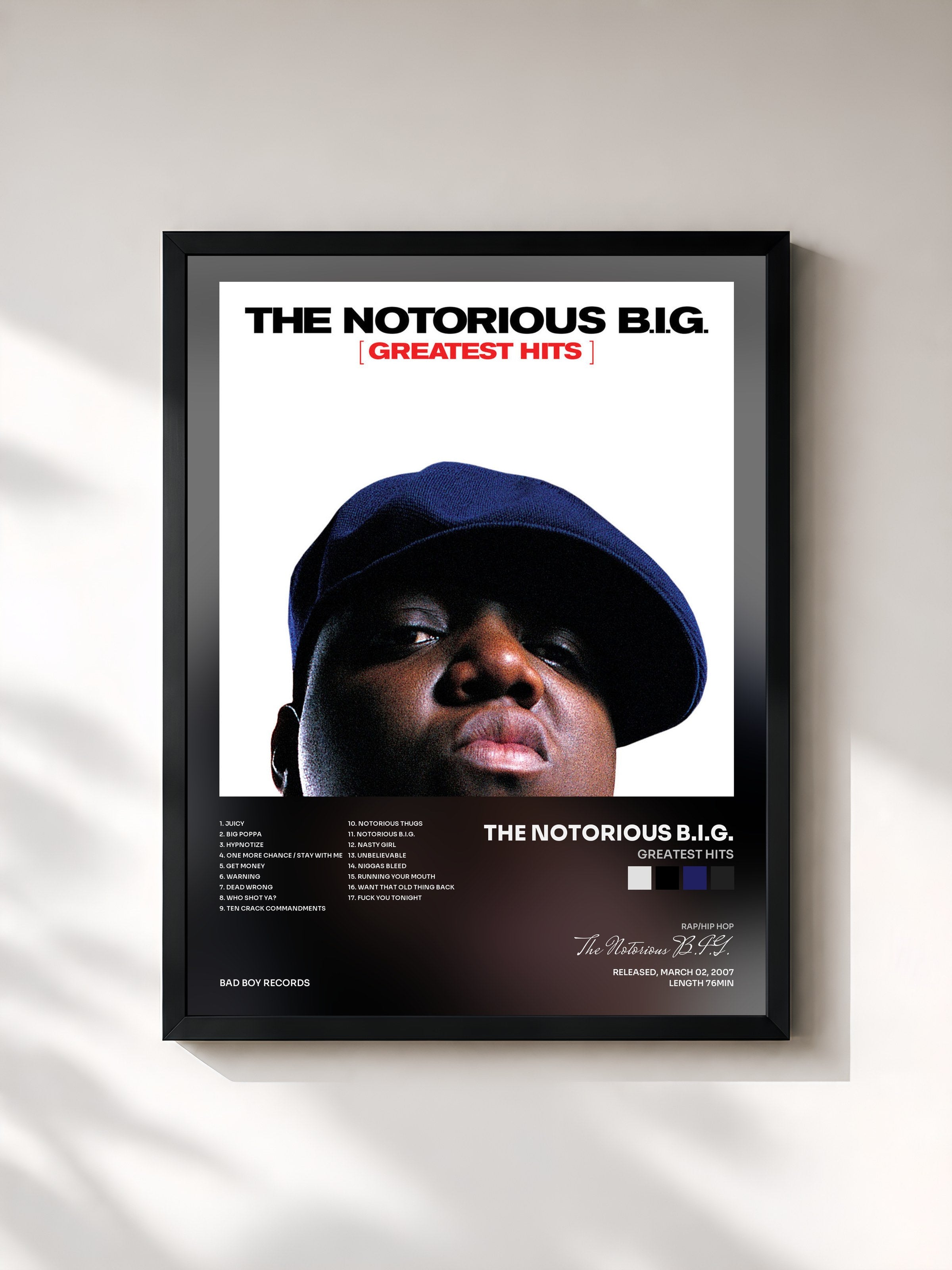 #noir Tableau de l'album Greatest Hits de The Notorious B.I.G., cadre noir, imprimé et encadré en France