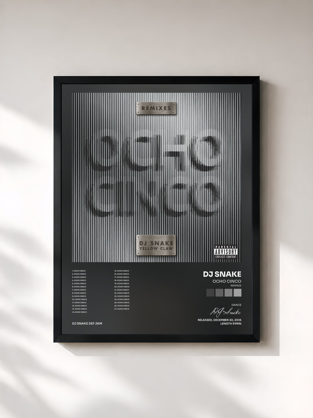#noir Tableau de l'album Ocho Cinco (Remixes) de DJ Snake, cadre noir, imprimé et encadré en France