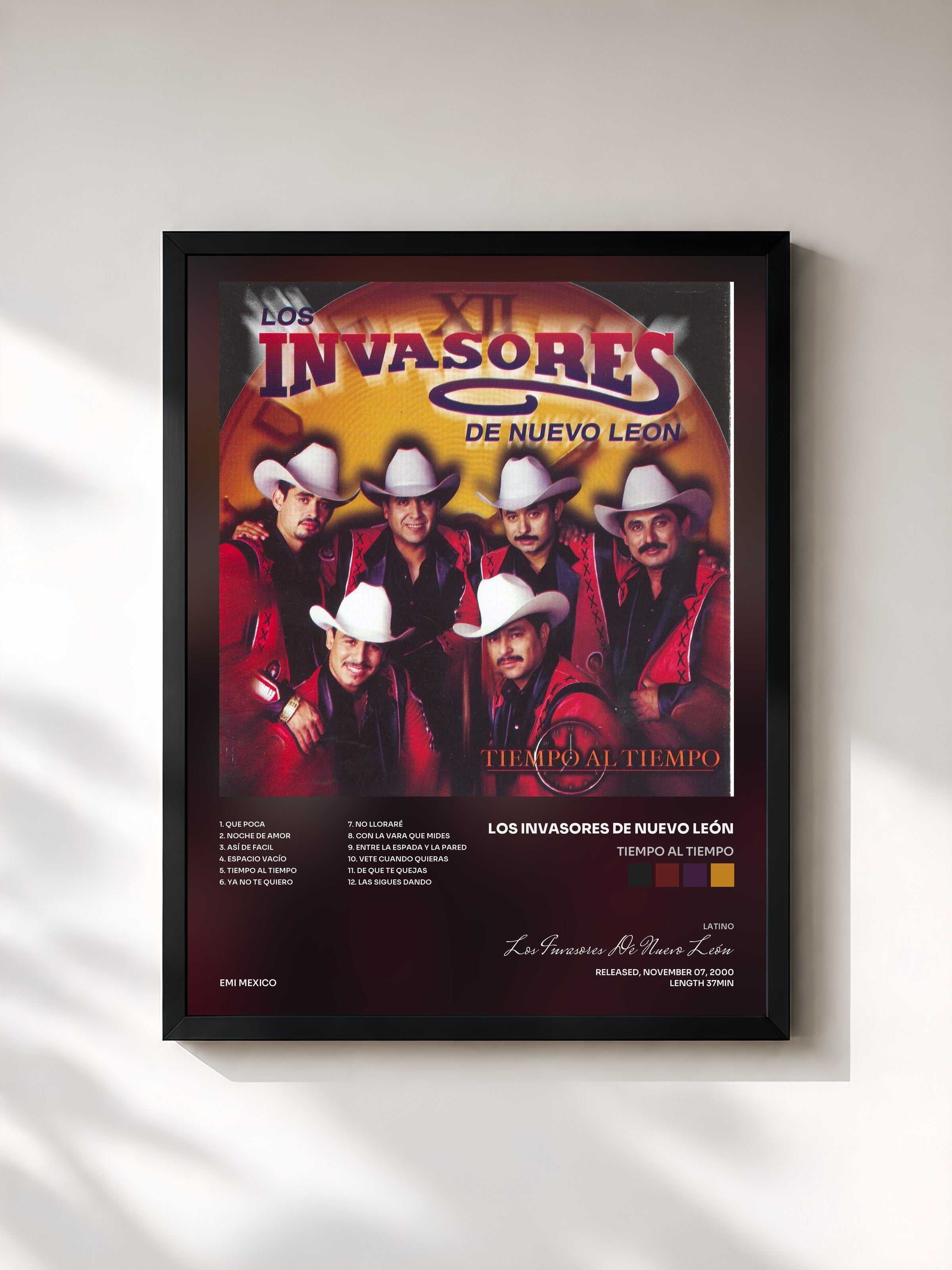 #noir Tableau de l'album Tiempo Al Tiempo de Los Invasores De Nuevo León, cadre noir, imprimé et encadré en France