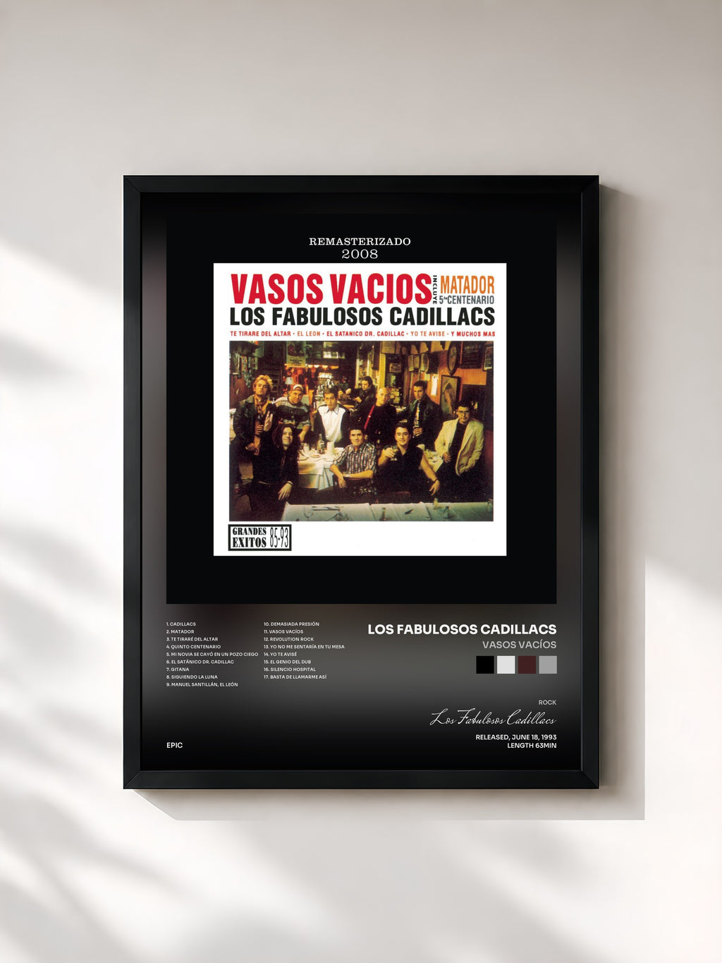 #noir Tableau de l'album Vasos Vacíos de Los Fabulosos Cadillacs, cadre noir, imprimé et encadré en France