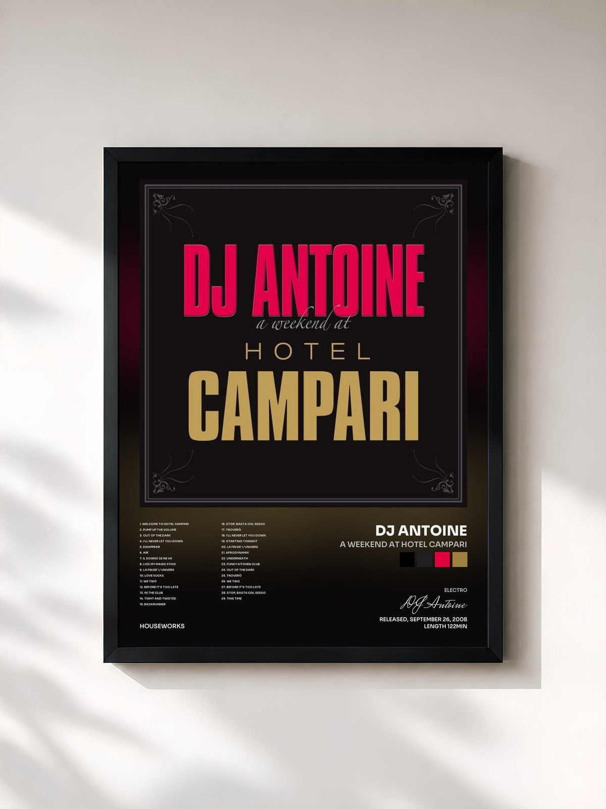 #noir Tableau de l'album A Weekend at Hotel Campari de DJ Antoine, cadre noir, imprimé et encadré en France