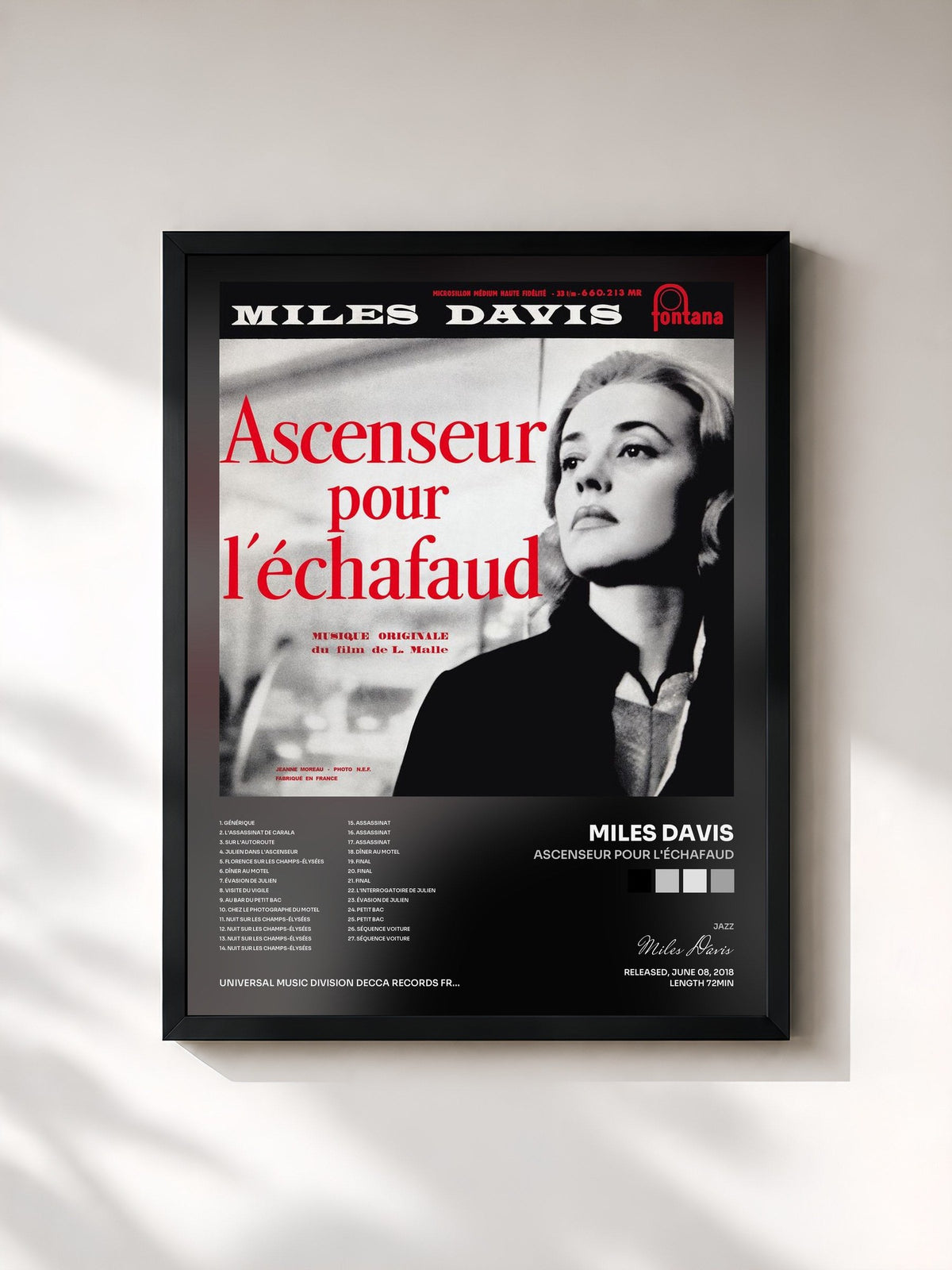#noir Tableau de l'album Ascenseur pour l'échafaud de Miles Davis, cadre noir, imprimé et encadré en France