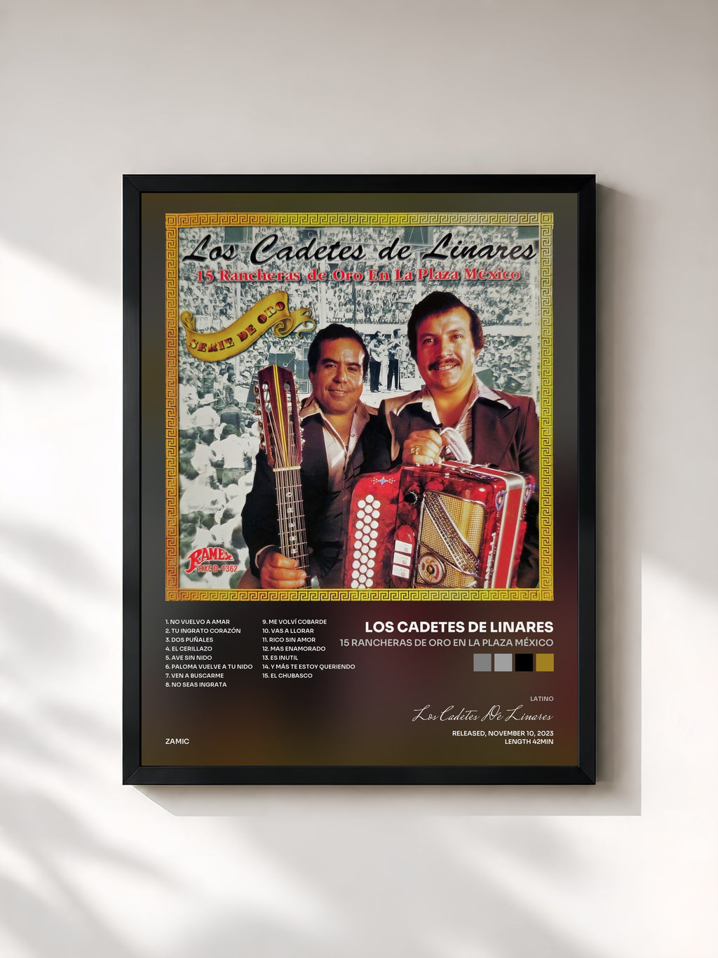 #noir Tableau de l'album 15 Rancheras De Oro En La Plaza México de Los Cadetes De Linares, cadre noir, imprimé et encadré en France