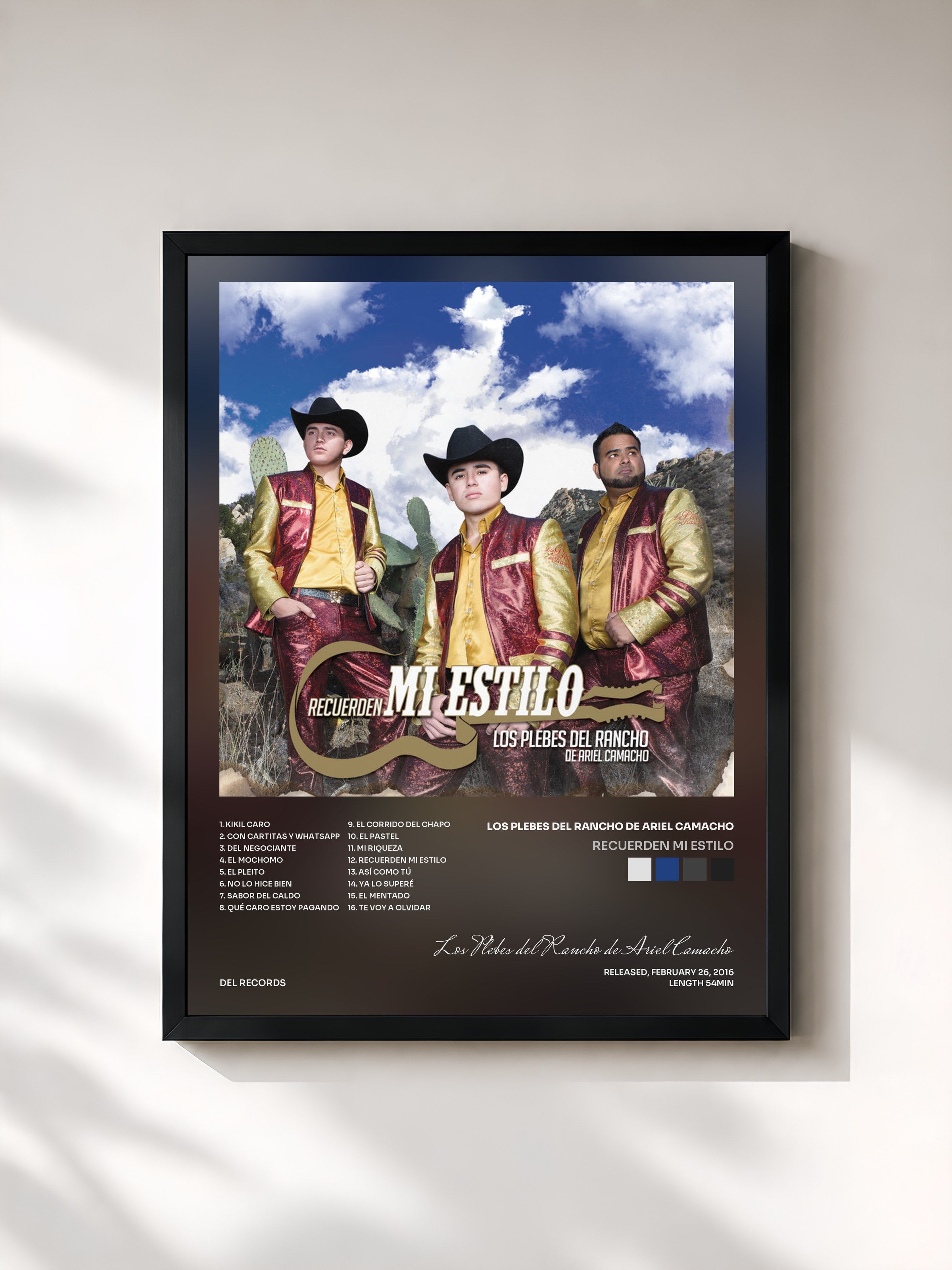 #noir Tableau de l'album Recuerden Mi Estilo de Los Plebes del Rancho de Ariel Camacho, cadre noir, imprimé et encadré en France