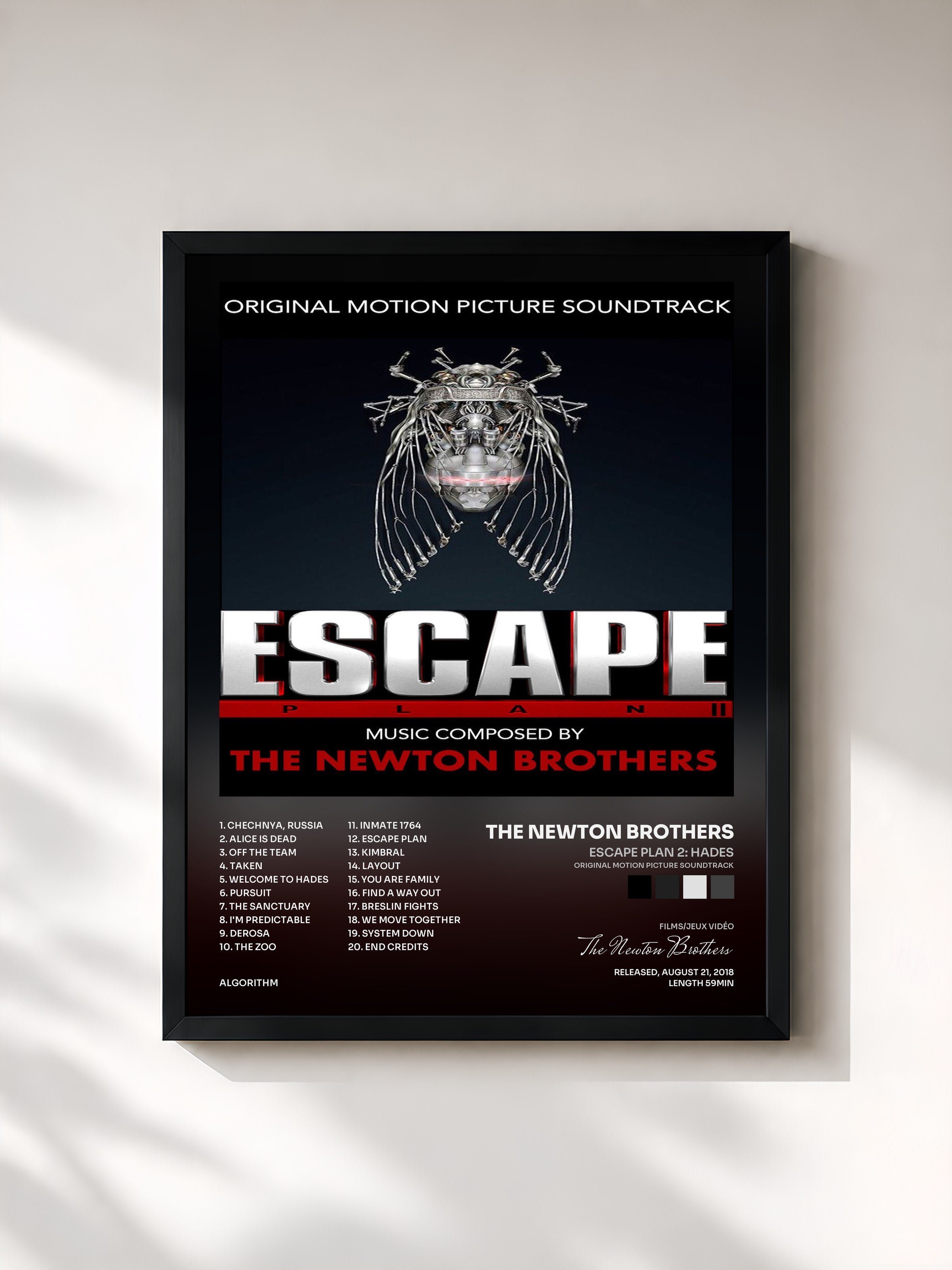 #noir Tableau de l'album Escape Plan 2: Hades (Original Motion Picture Soundtrack) de The Newton Brothers, cadre noir, imprimé et encadré en France