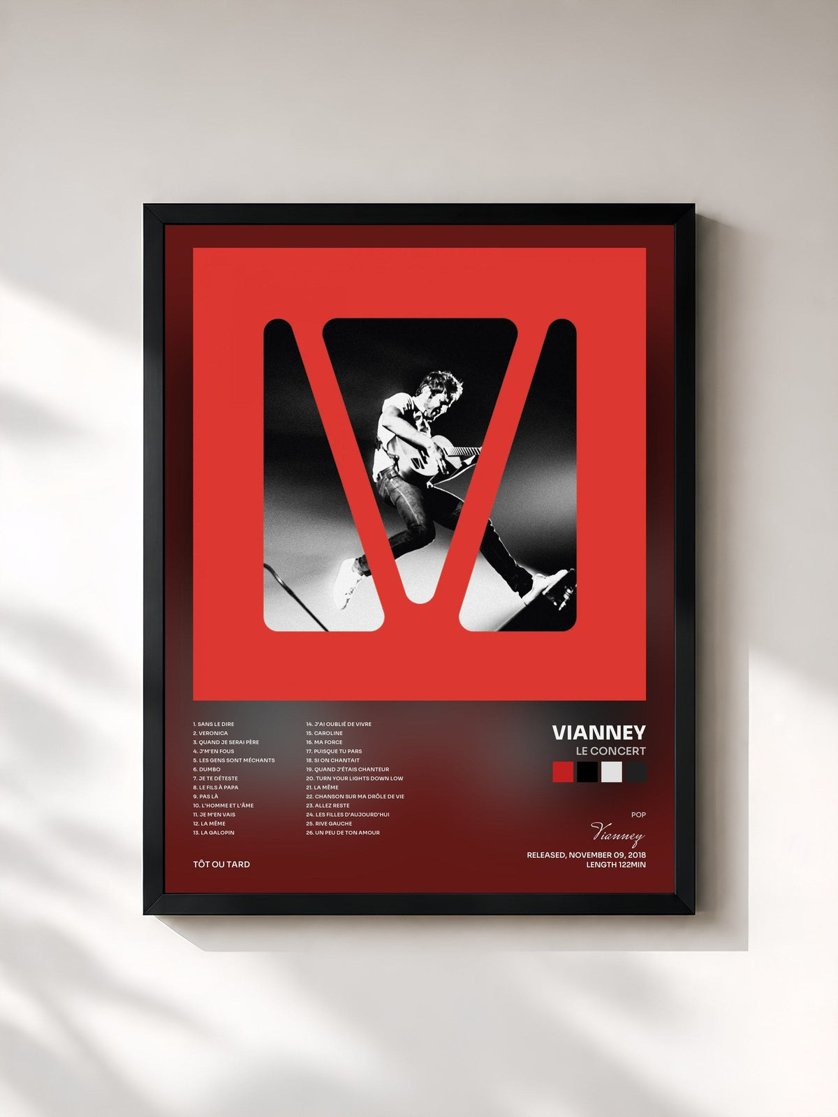 #noir Le concert by Vianney as a framed art print, black frame, printed and framed in France