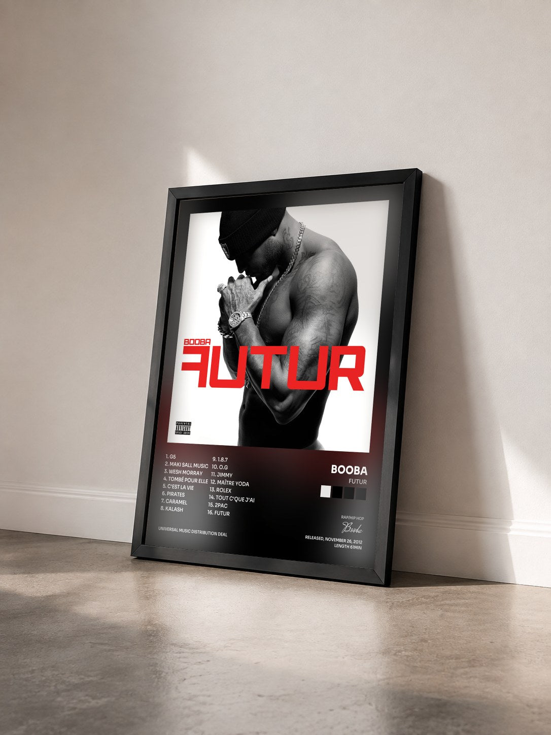 #noir Futur di Booba in stampa incorniciata vista di tre quarti, cornice nera