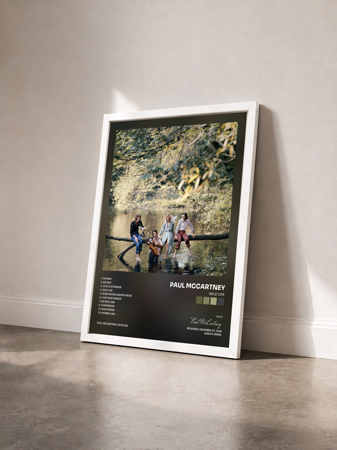 #blanc Tableau de l'album Wild Life de Paul McCartney vu de trois quarts, cadre blanc