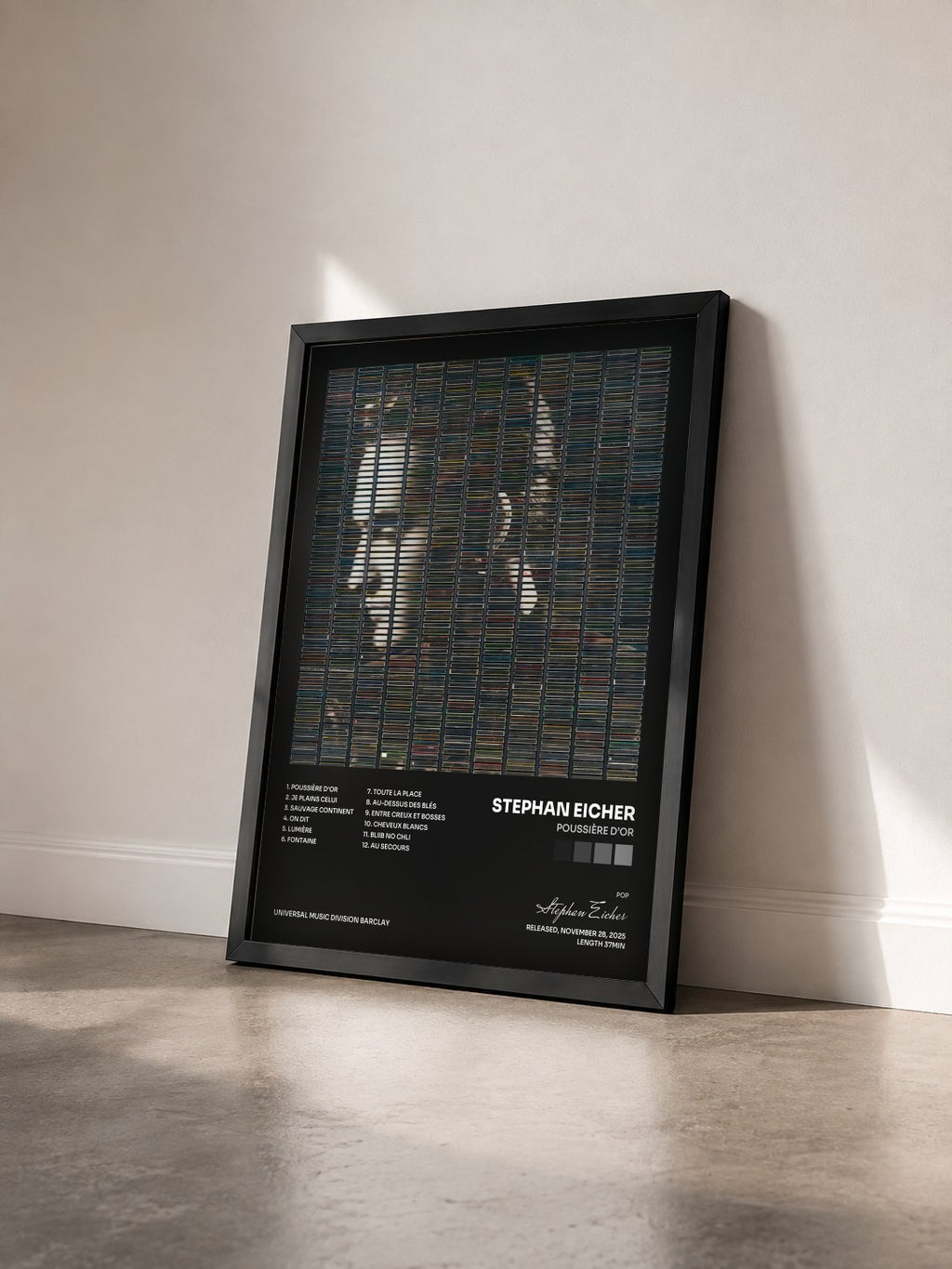 #noir Poussière D’Or by Stephan Eicher as a framed art print seen at an angle, black frame