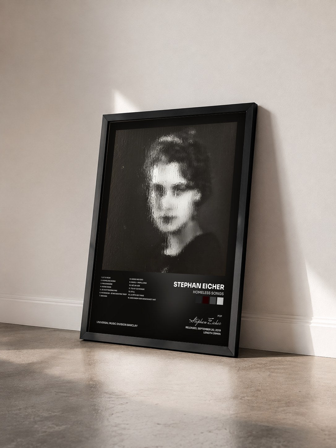 #noir Homeless Songs de Stephan Eicher en lámina enmarcada vista de tres cuartos, marco negro