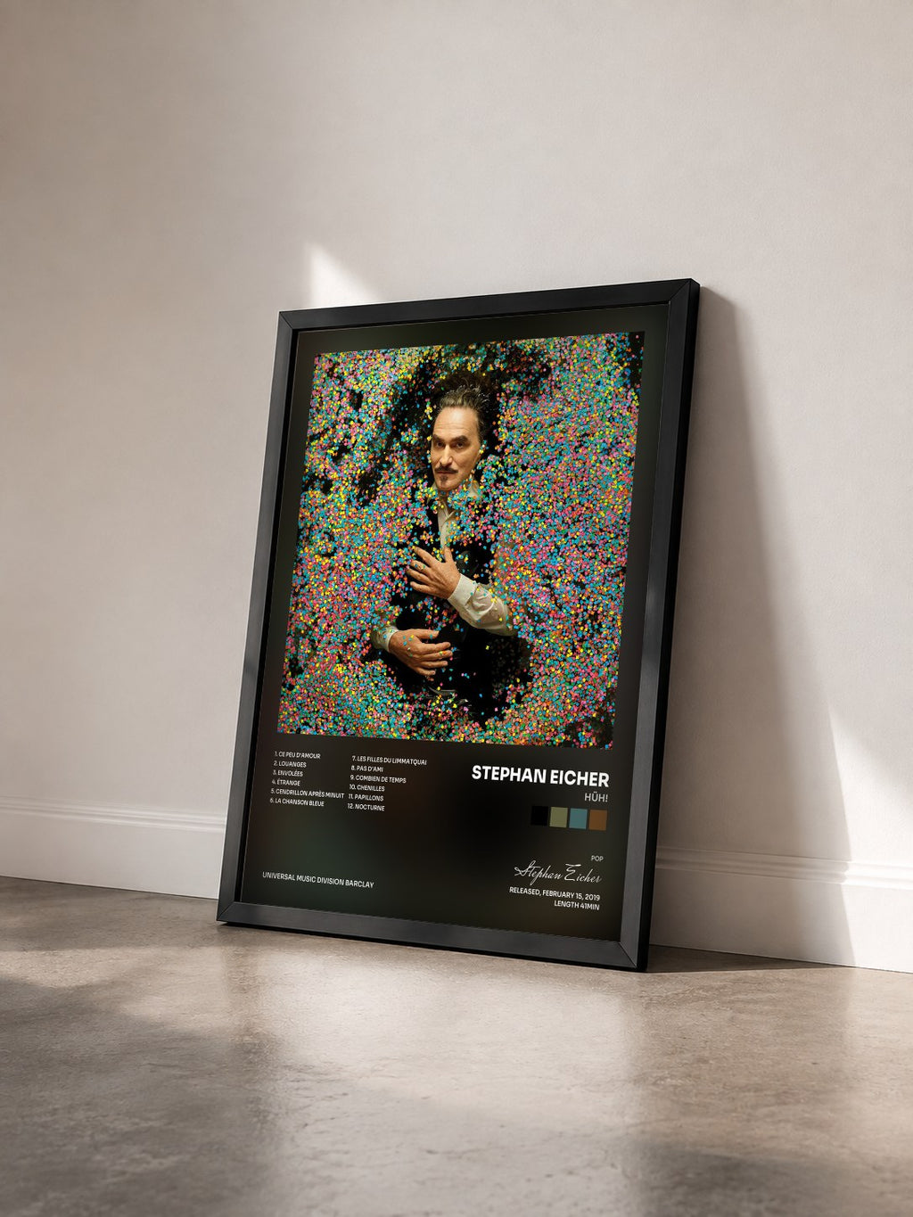 #noir Hüh! by Stephan Eicher as a framed art print seen at an angle, black frame