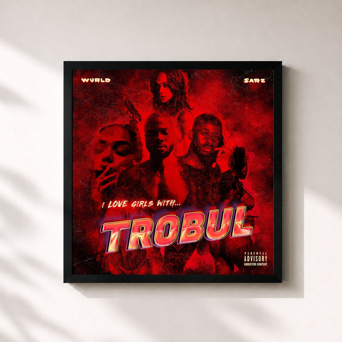 #noir Tableau carré de l'album I LOVE GIRLS WITH TROBUL de Sarz, cadre noir 32x32 cm