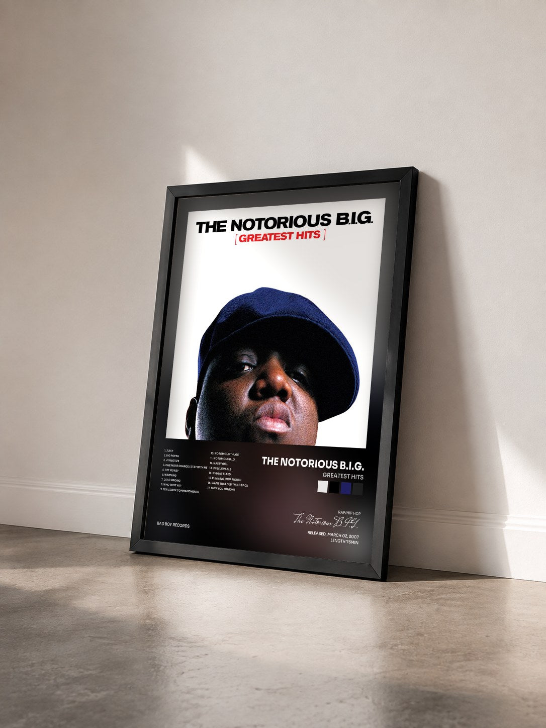 #noir Tableau de l'album Greatest Hits de The Notorious B.I.G. vu de trois quarts, cadre noir
