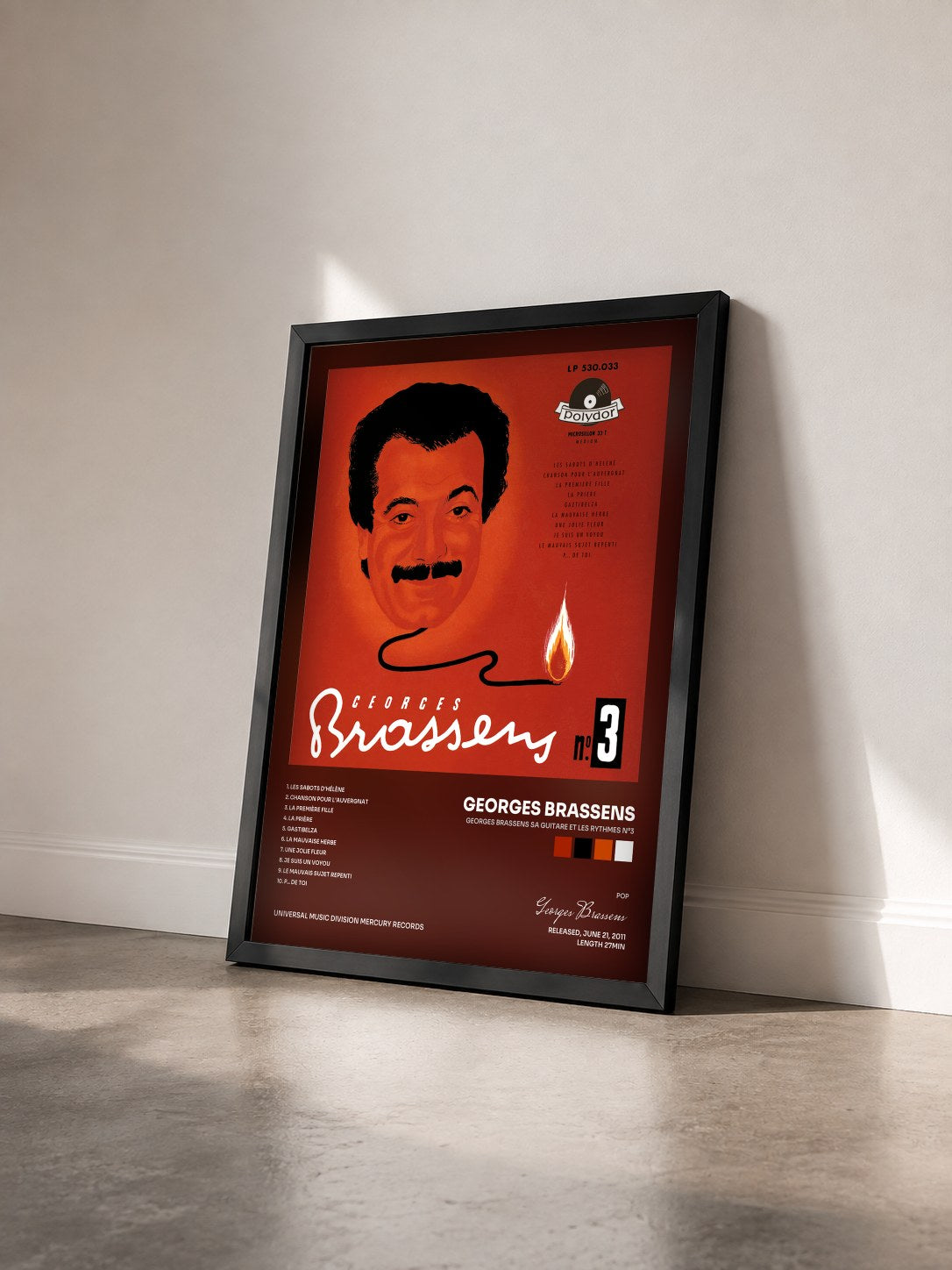 #noir Tableau de l'album Georges Brassens sa guitare et les rythmes N°3 de Georges Brassens vu de trois quarts, cadre noir