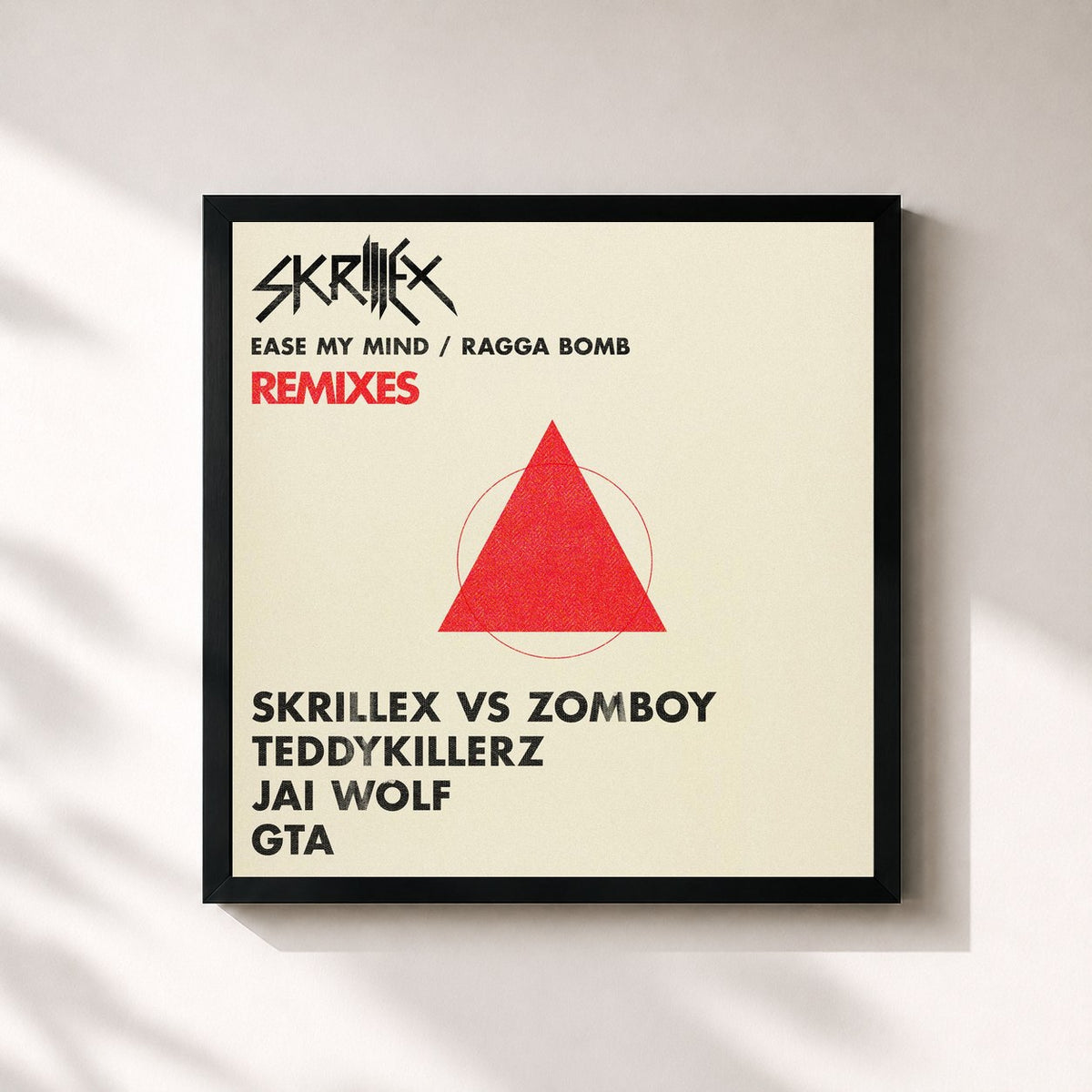 #noir Tableau carré de l'album Ease My Mind v Ragga Bomb Remixes de Skrillex, cadre noir 32x32 cm