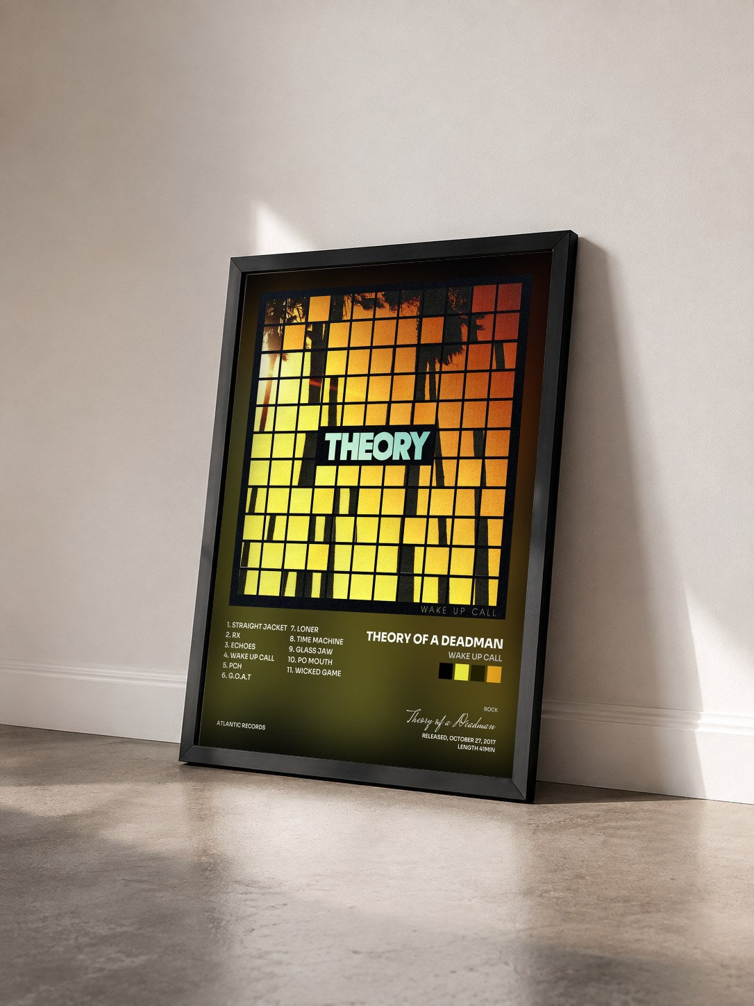 #noir Tableau de l'album Wake Up Call de Theory of a Deadman vu de trois quarts, cadre noir